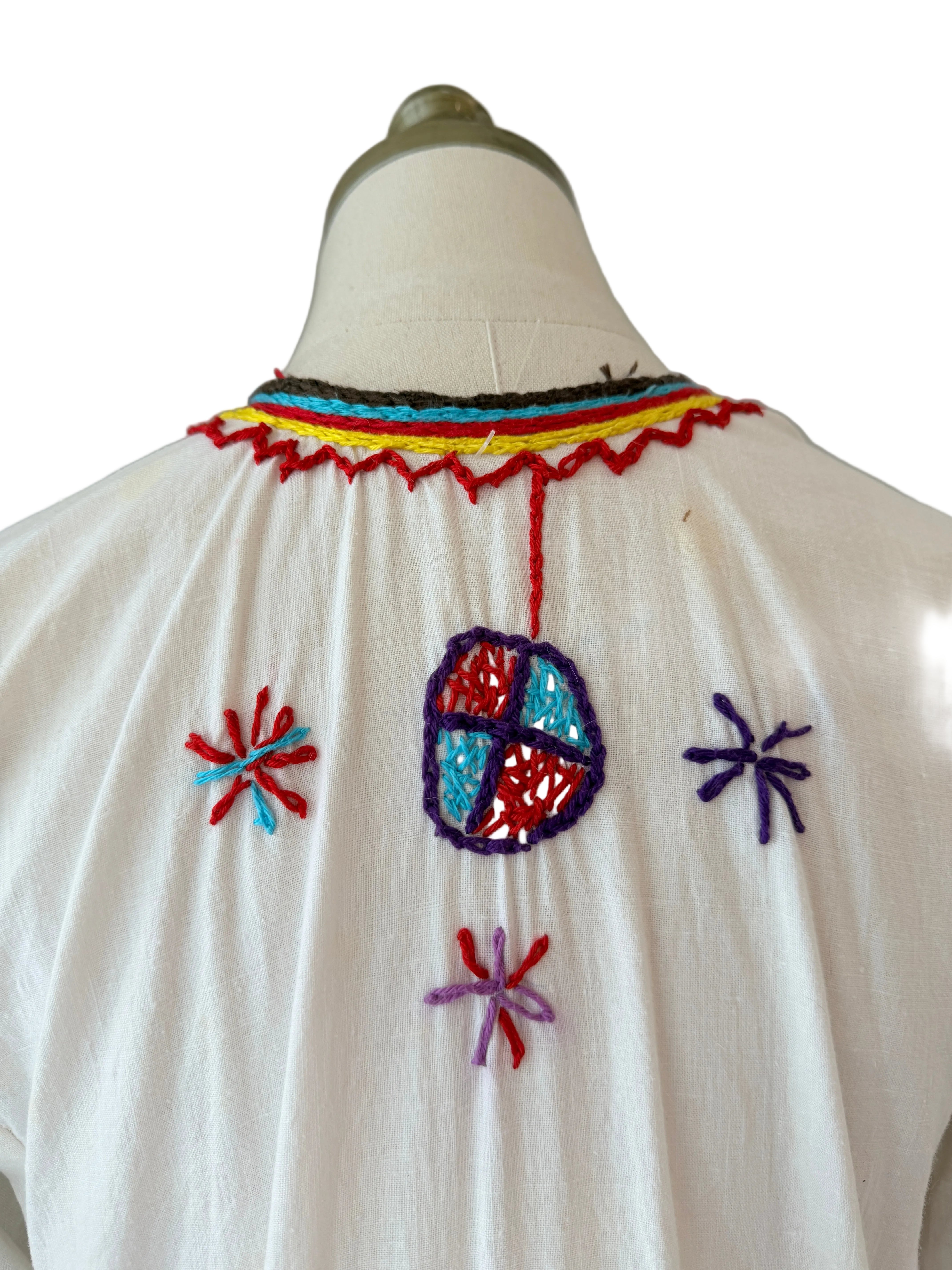 1970s Cotton Maxi Tunic Dress with Primary Color Embroidery