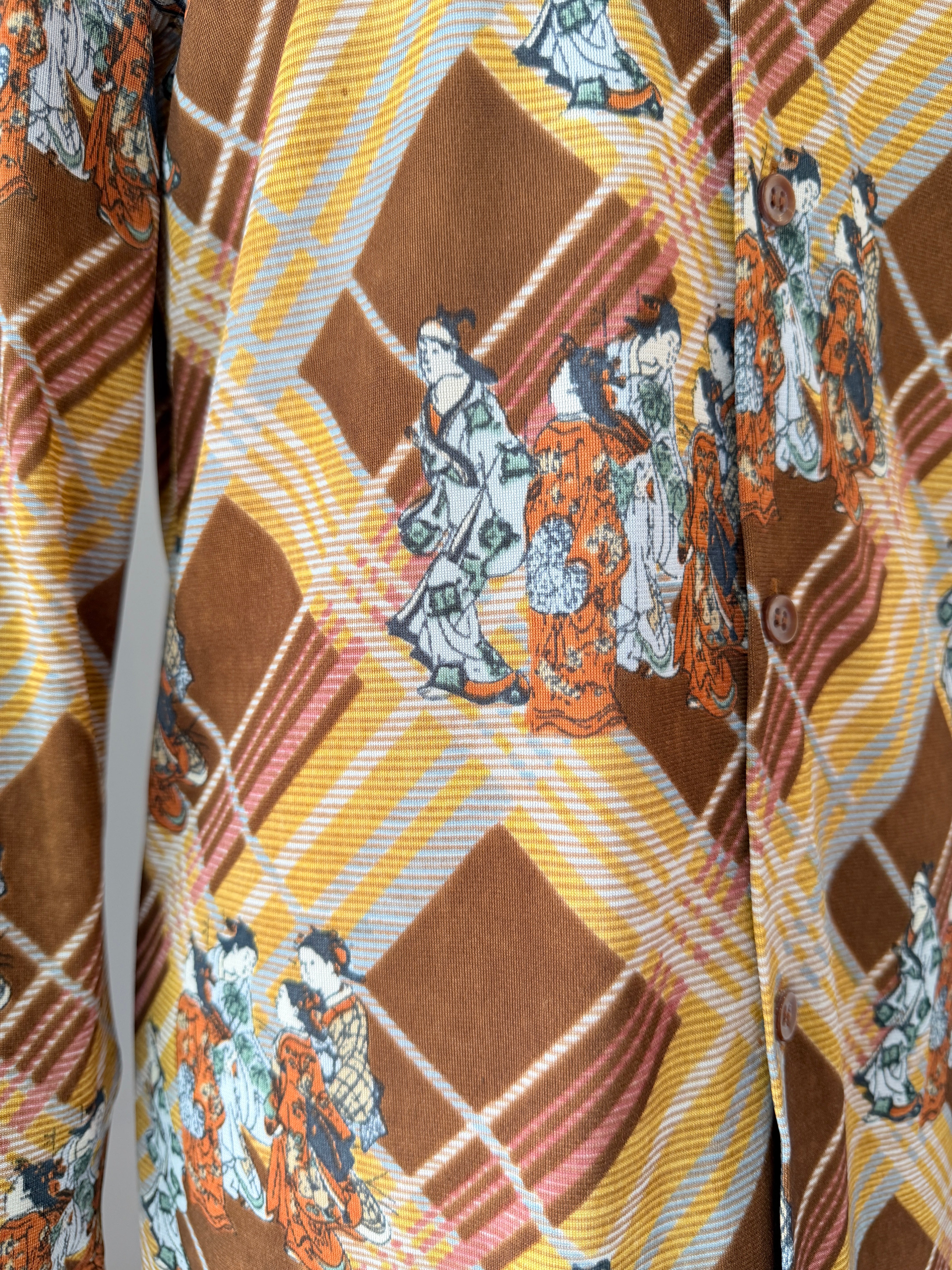 1970s Huk-A-Poo Plaid Blouse with Geisha Print