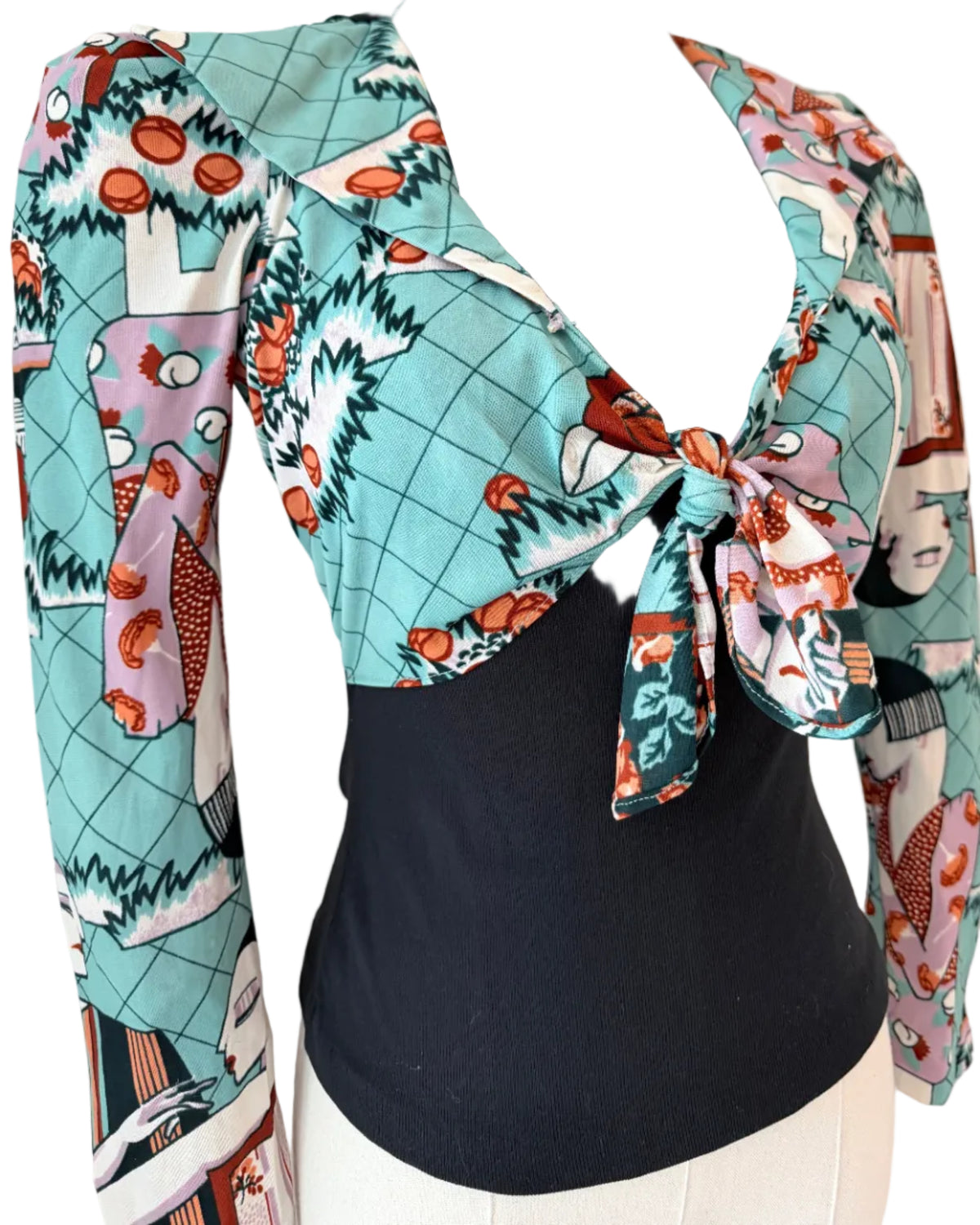 1970s Black Long-Sleeve Top with Faux-Wrap Overlay & Art Deco Lady Print