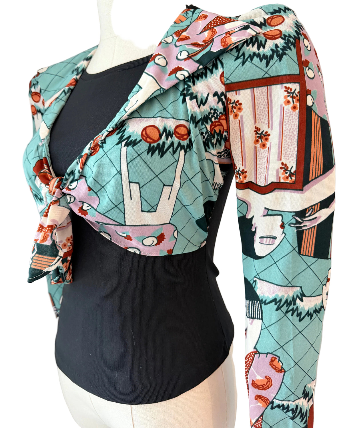 1970s Black Long-Sleeve Top with Faux-Wrap Overlay & Art Deco Lady Print