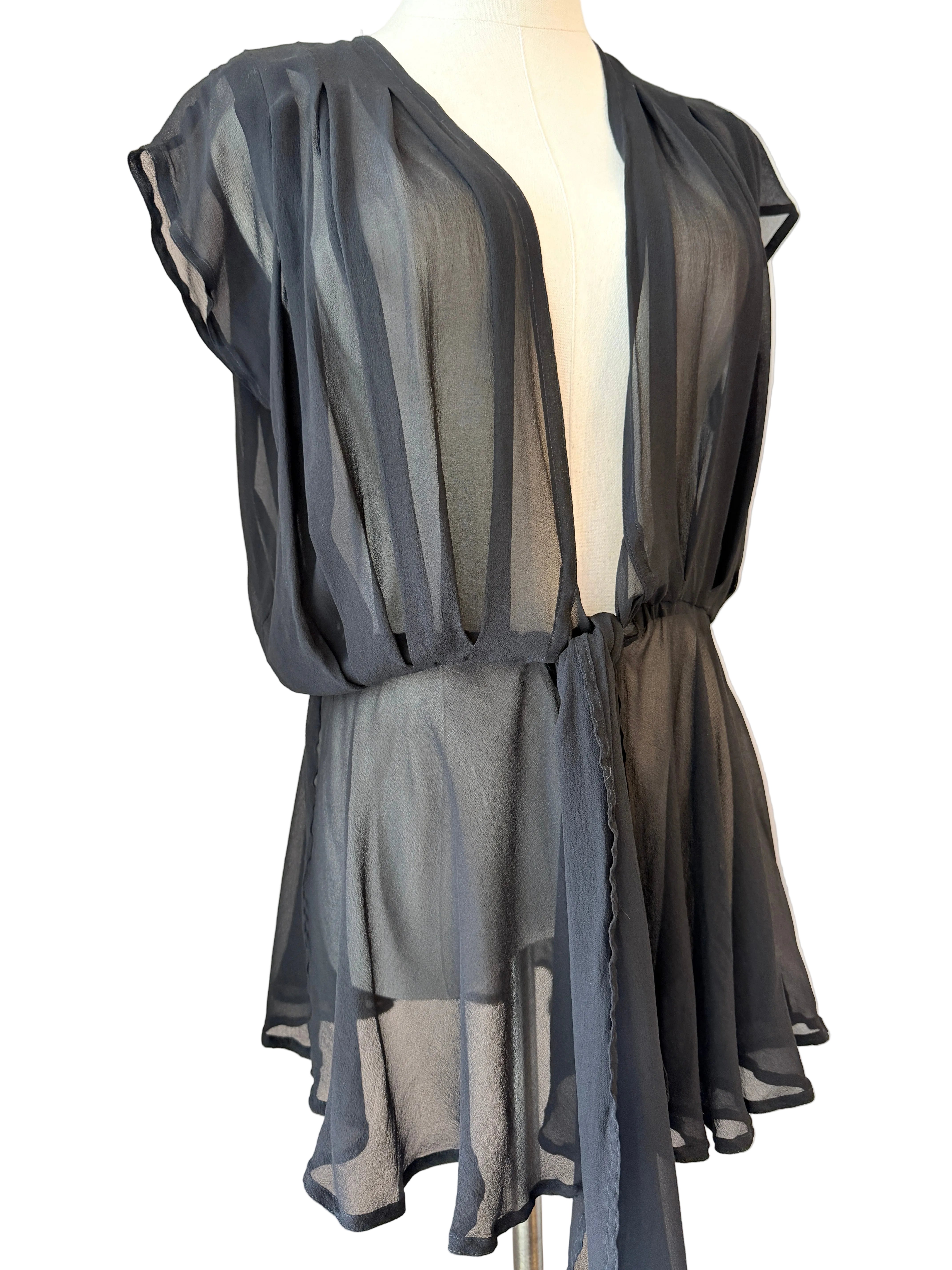 1970s Gottex Black Sheer Cover-Up with Tie Waist