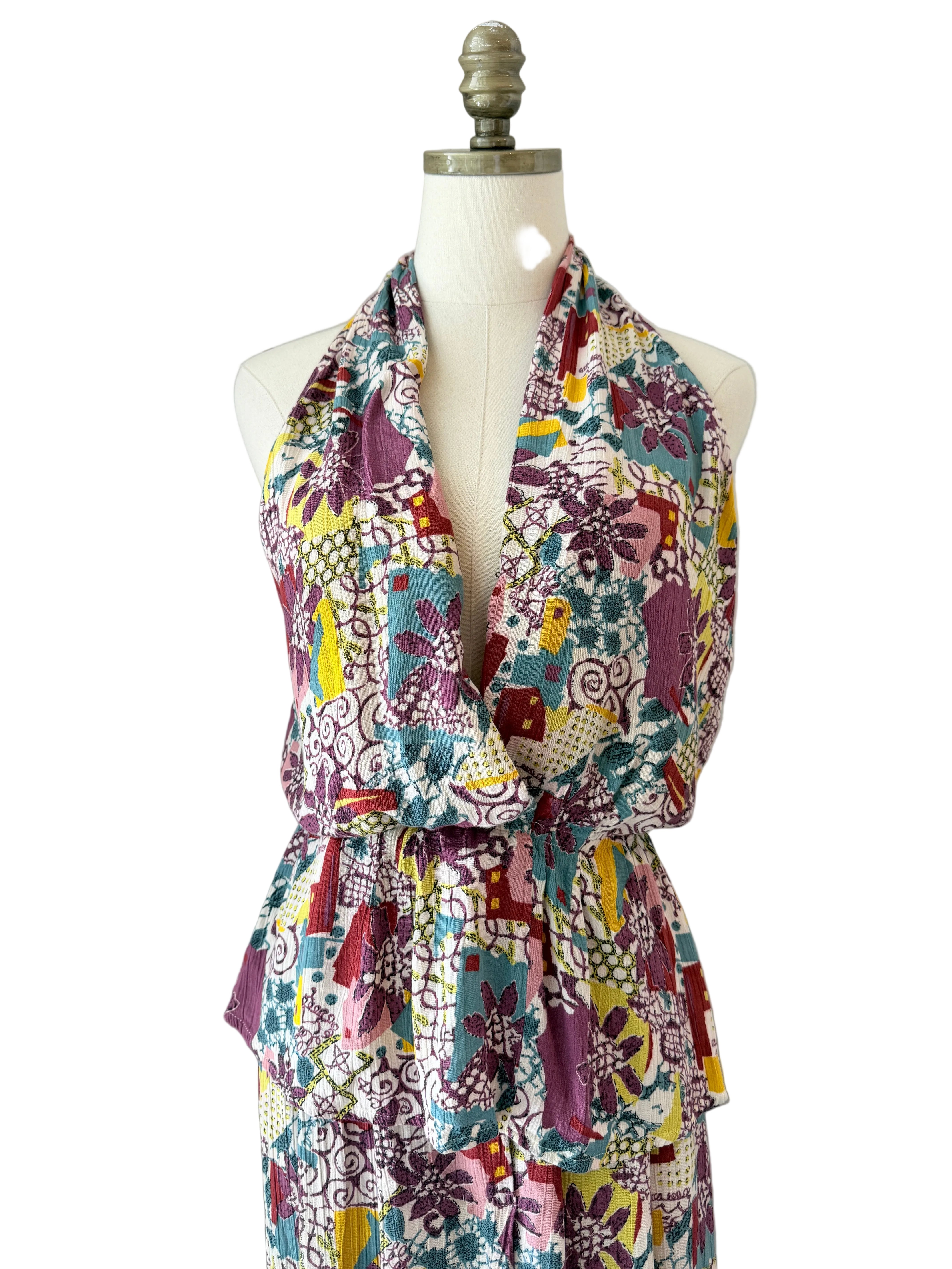 1970s Rayon Two-Piece Halter Top & Wide-Leg Culotte Set with Floral & Geometric Print