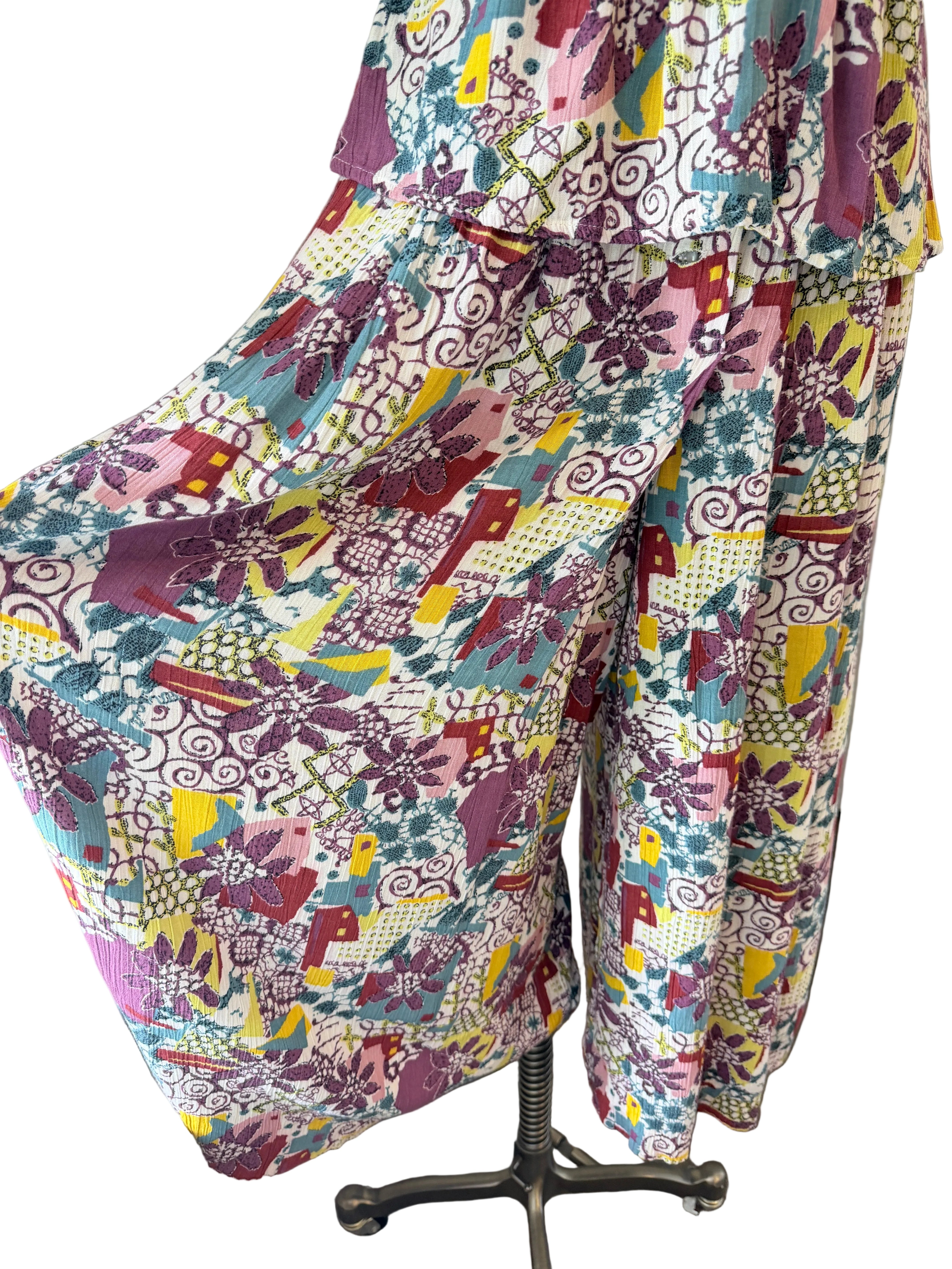 1970s Rayon Two-Piece Halter Top & Wide-Leg Culotte Set with Floral & Geometric Print