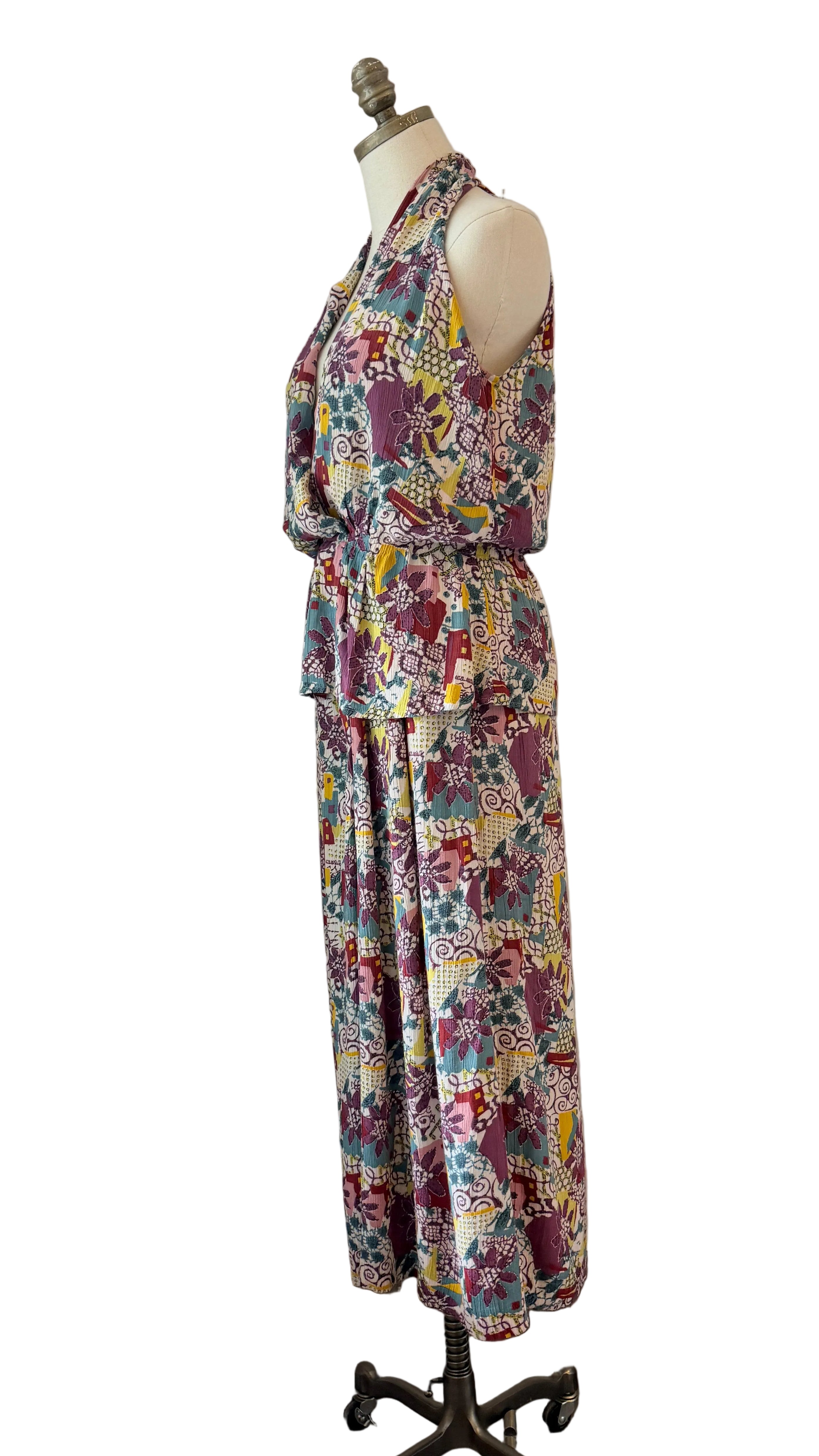 1970s Rayon Two-Piece Halter Top & Wide-Leg Culotte Set with Floral & Geometric Print