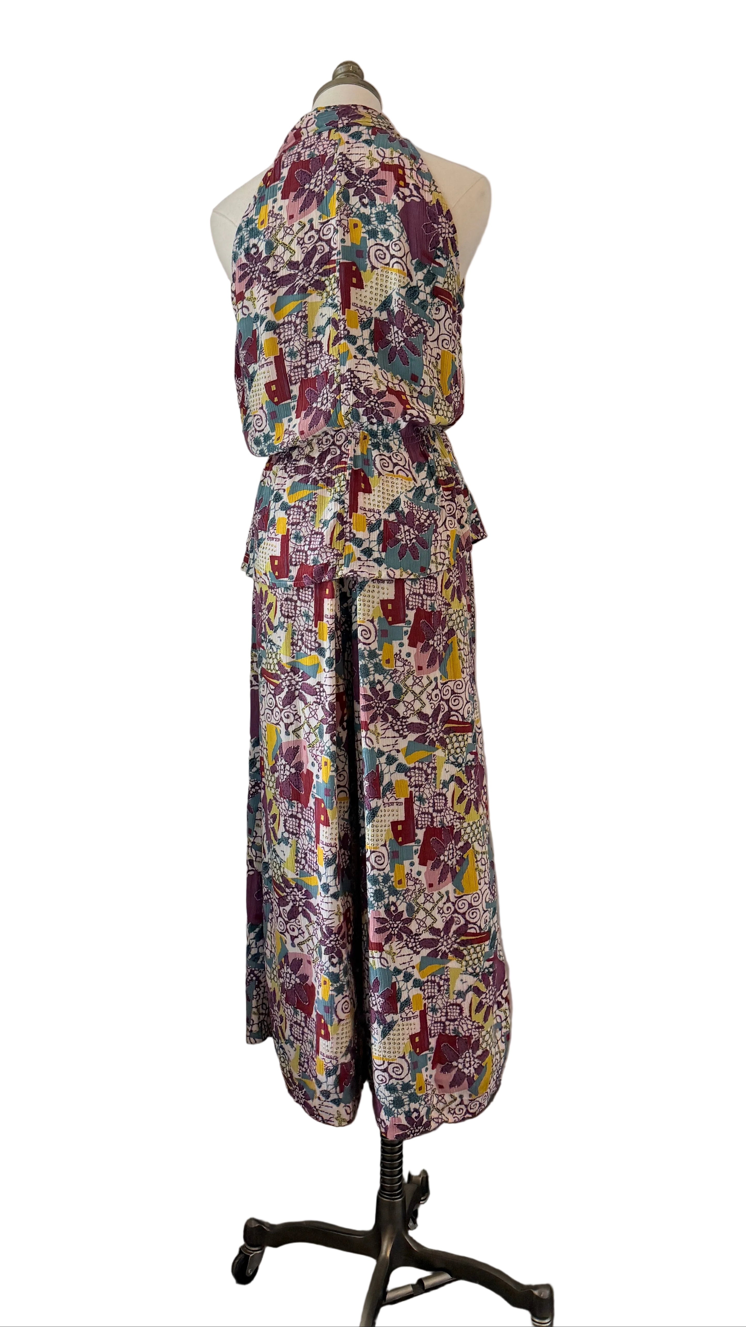 1970s Rayon Two-Piece Halter Top & Wide-Leg Culotte Set with Floral & Geometric Print