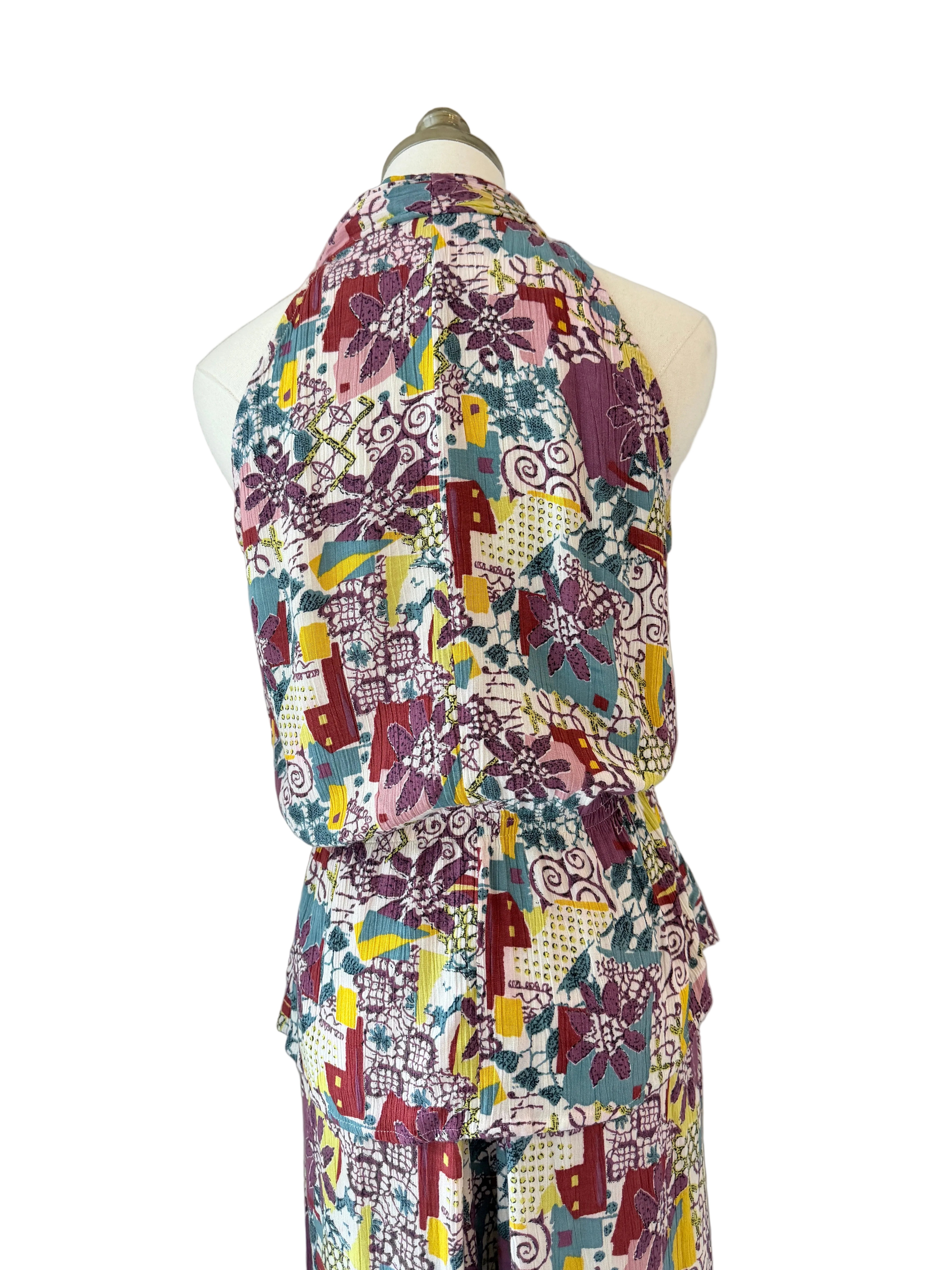 1970s Rayon Two-Piece Halter Top & Wide-Leg Culotte Set with Floral & Geometric Print
