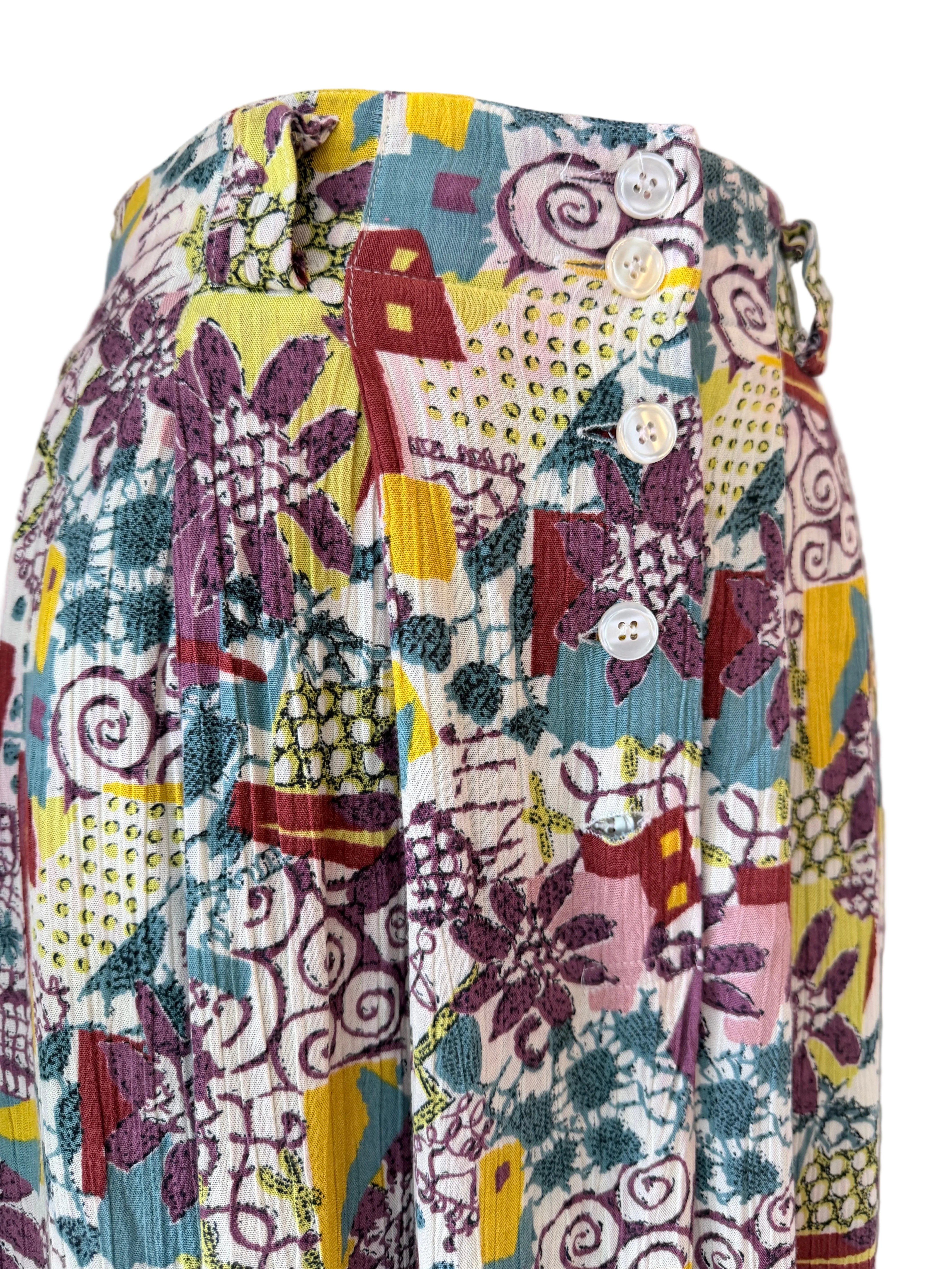 1970s Rayon Two-Piece Halter Top & Wide-Leg Culotte Set with Floral & Geometric Print