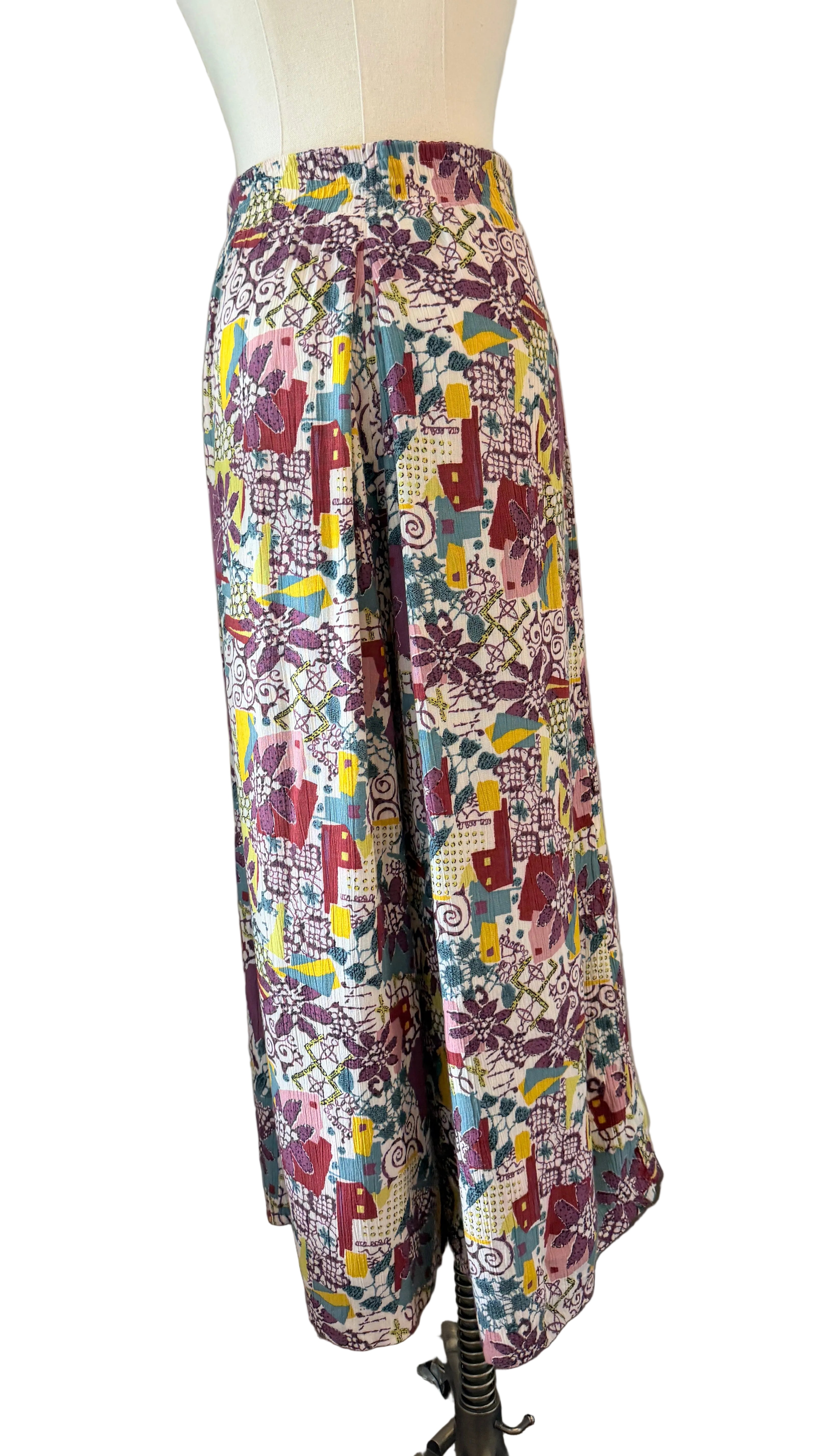 1970s Rayon Two-Piece Halter Top & Wide-Leg Culotte Set with Floral & Geometric Print