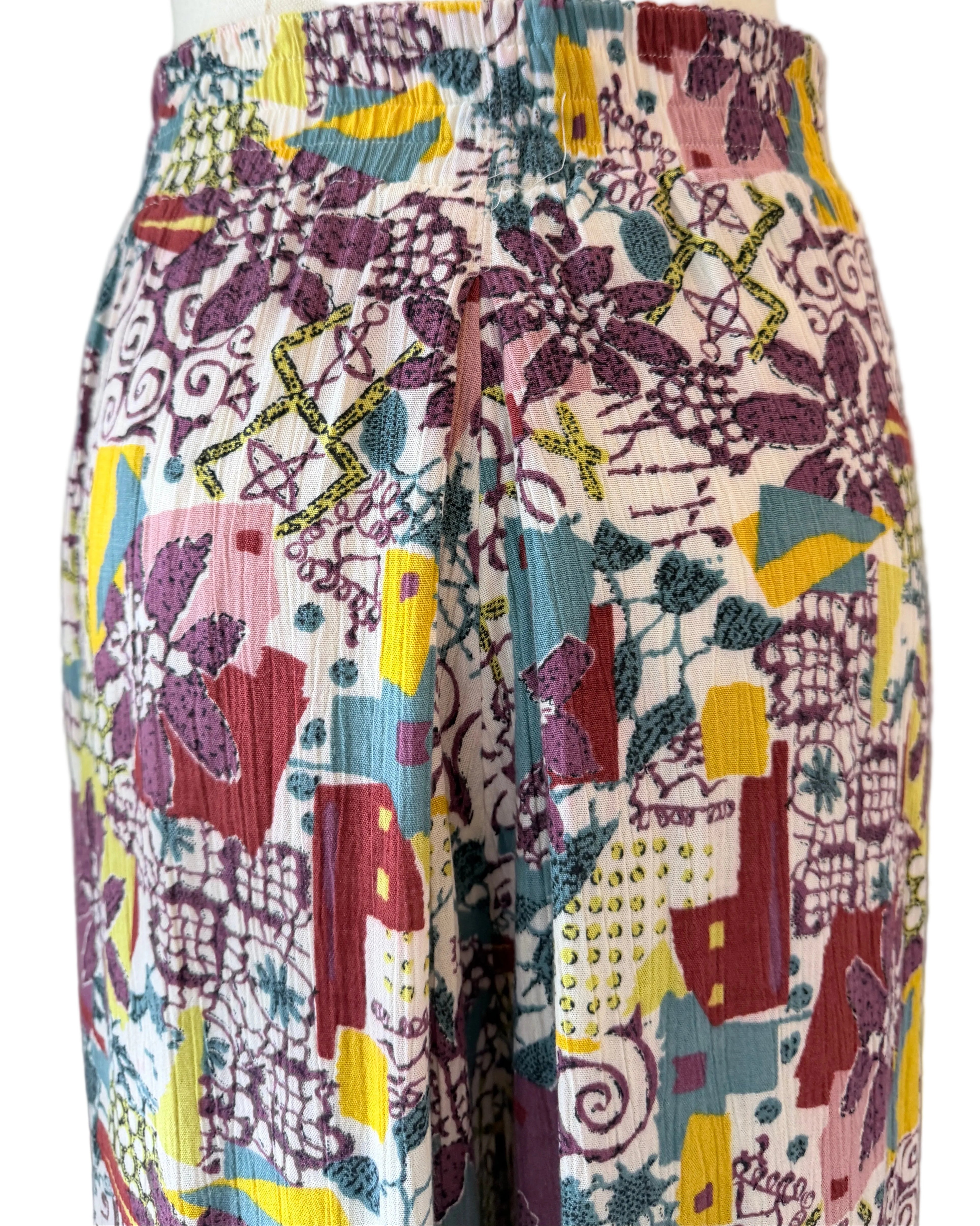 1970s Rayon Two-Piece Halter Top & Wide-Leg Culotte Set with Floral & Geometric Print