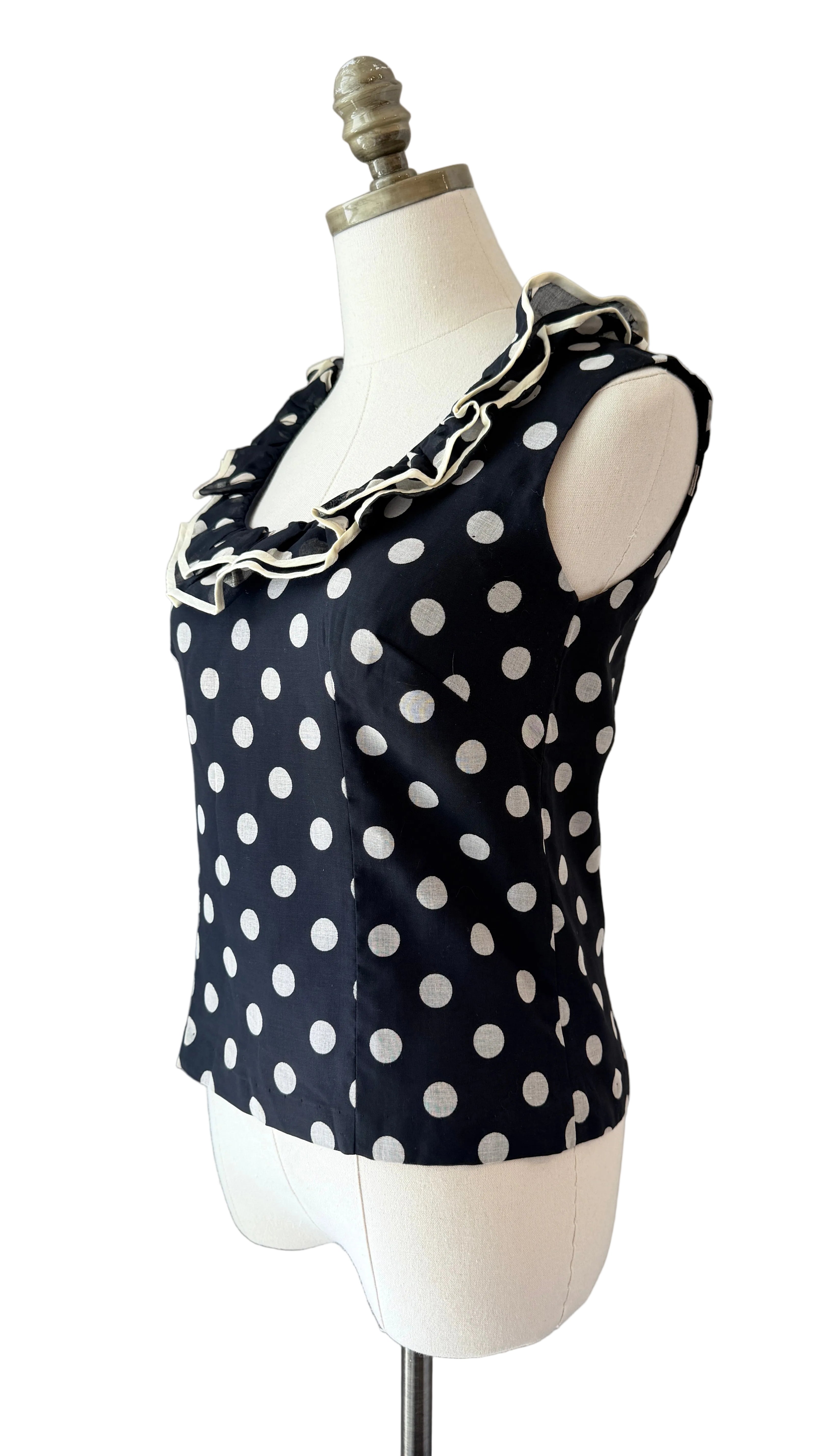 1960s Rhoda Lee Black & White Polka Dot Tank Top with Ruffled Neckline