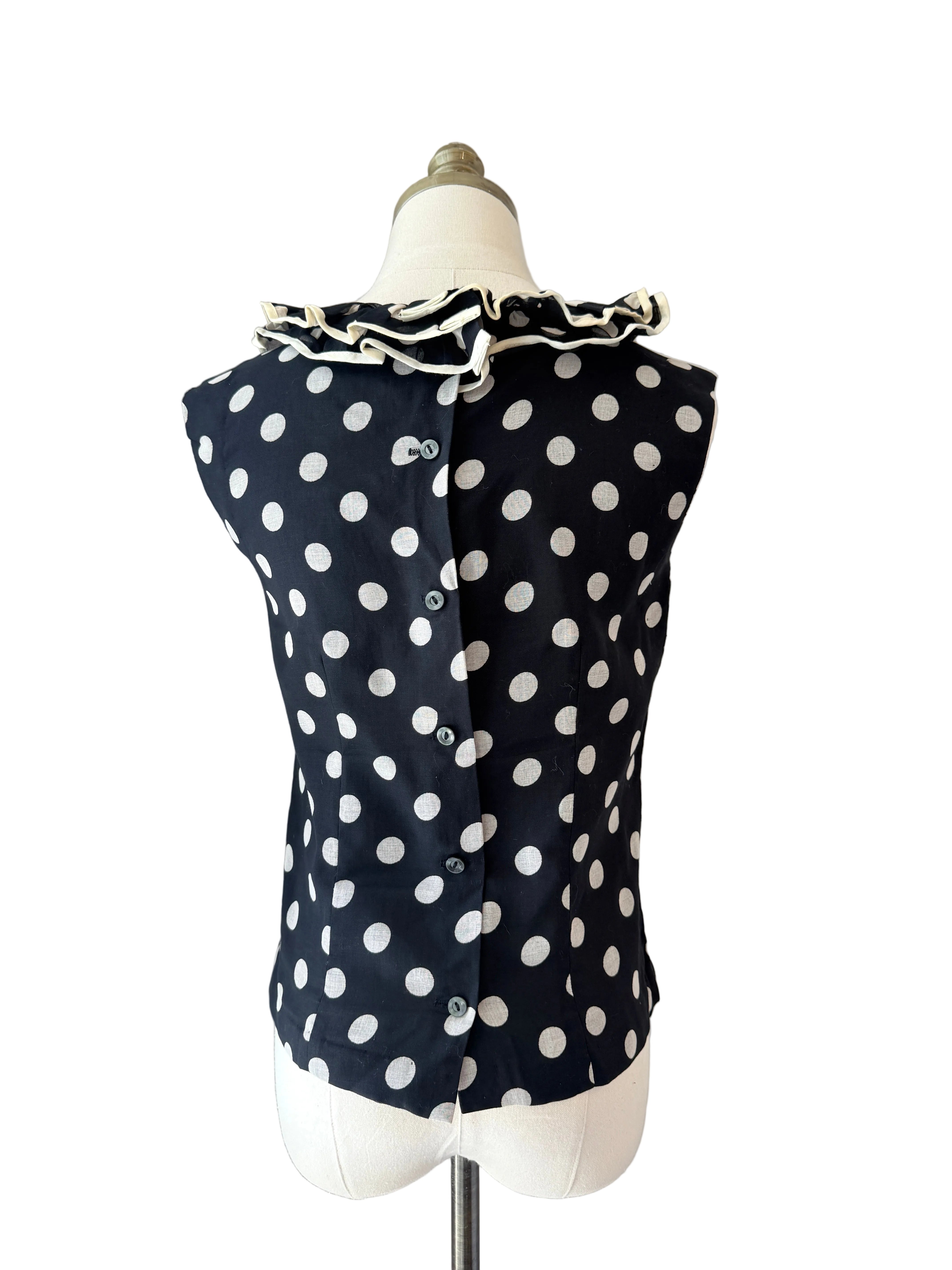 1960s Rhoda Lee Black & White Polka Dot Tank Top with Ruffled Neckline