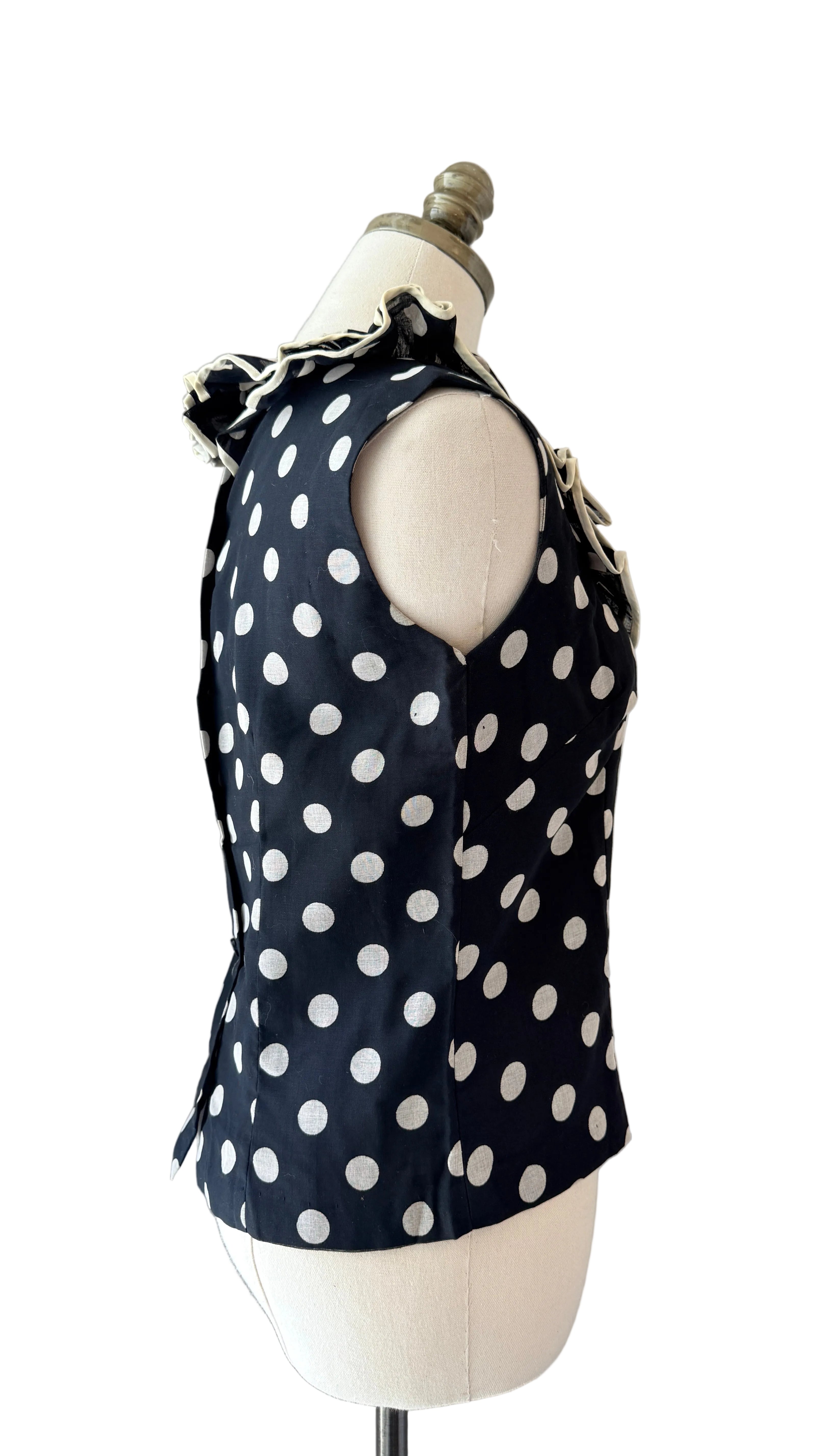 1960s Rhoda Lee Black & White Polka Dot Tank Top with Ruffled Neckline