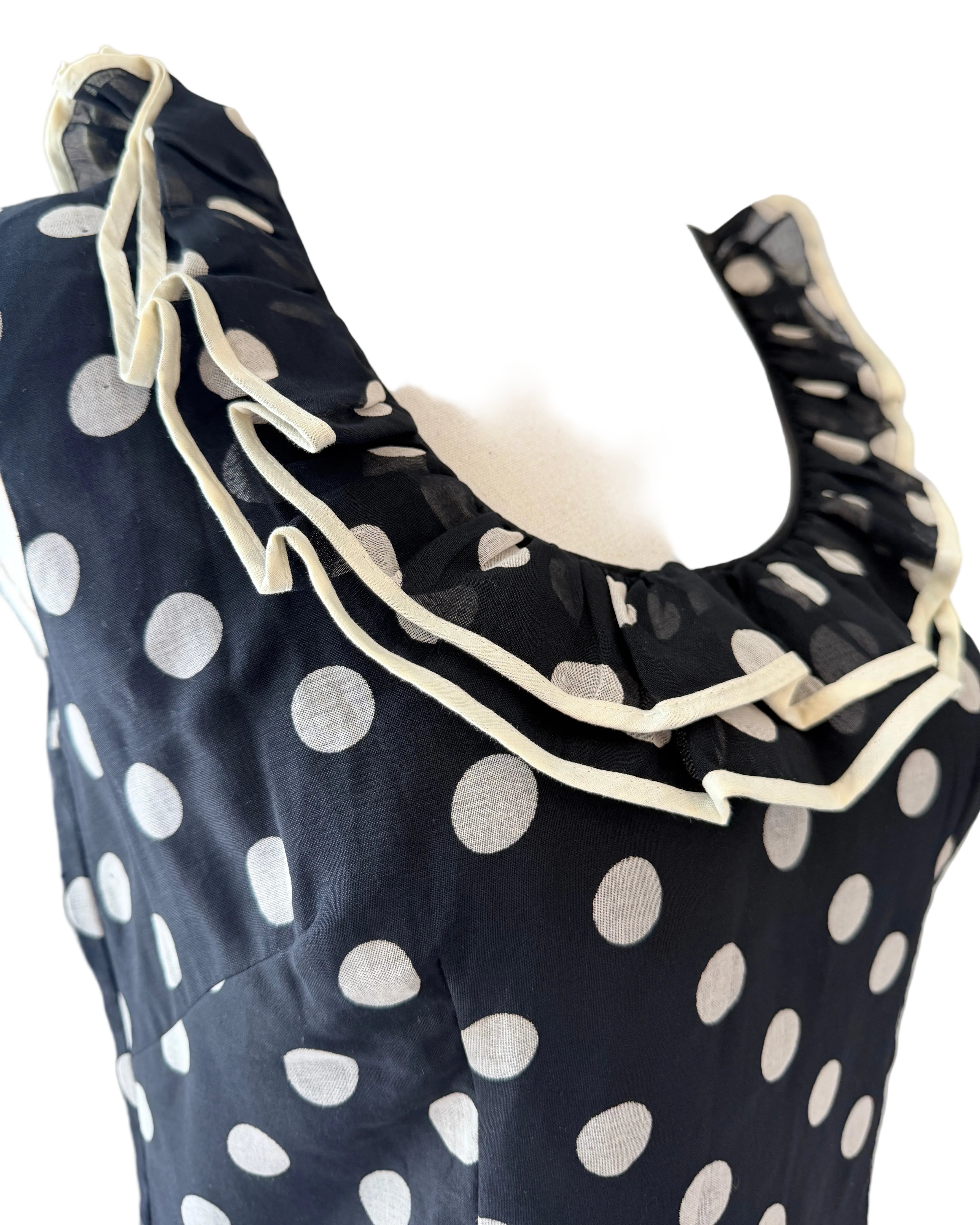 1960s Rhoda Lee Black & White Polka Dot Tank Top with Ruffled Neckline