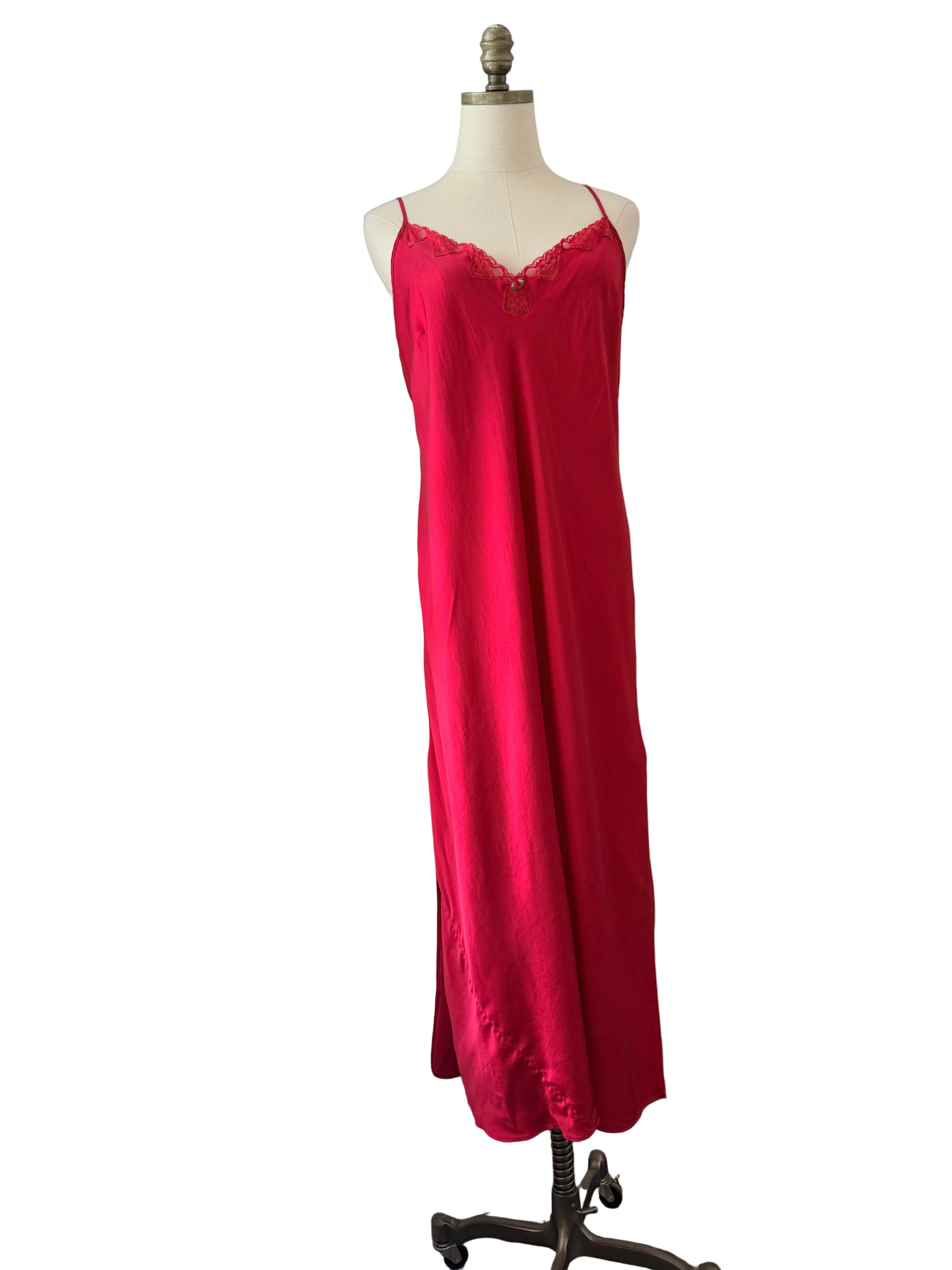 1980s August Silk Red Slip Nightgown with Lace V-Neck & Side Slit