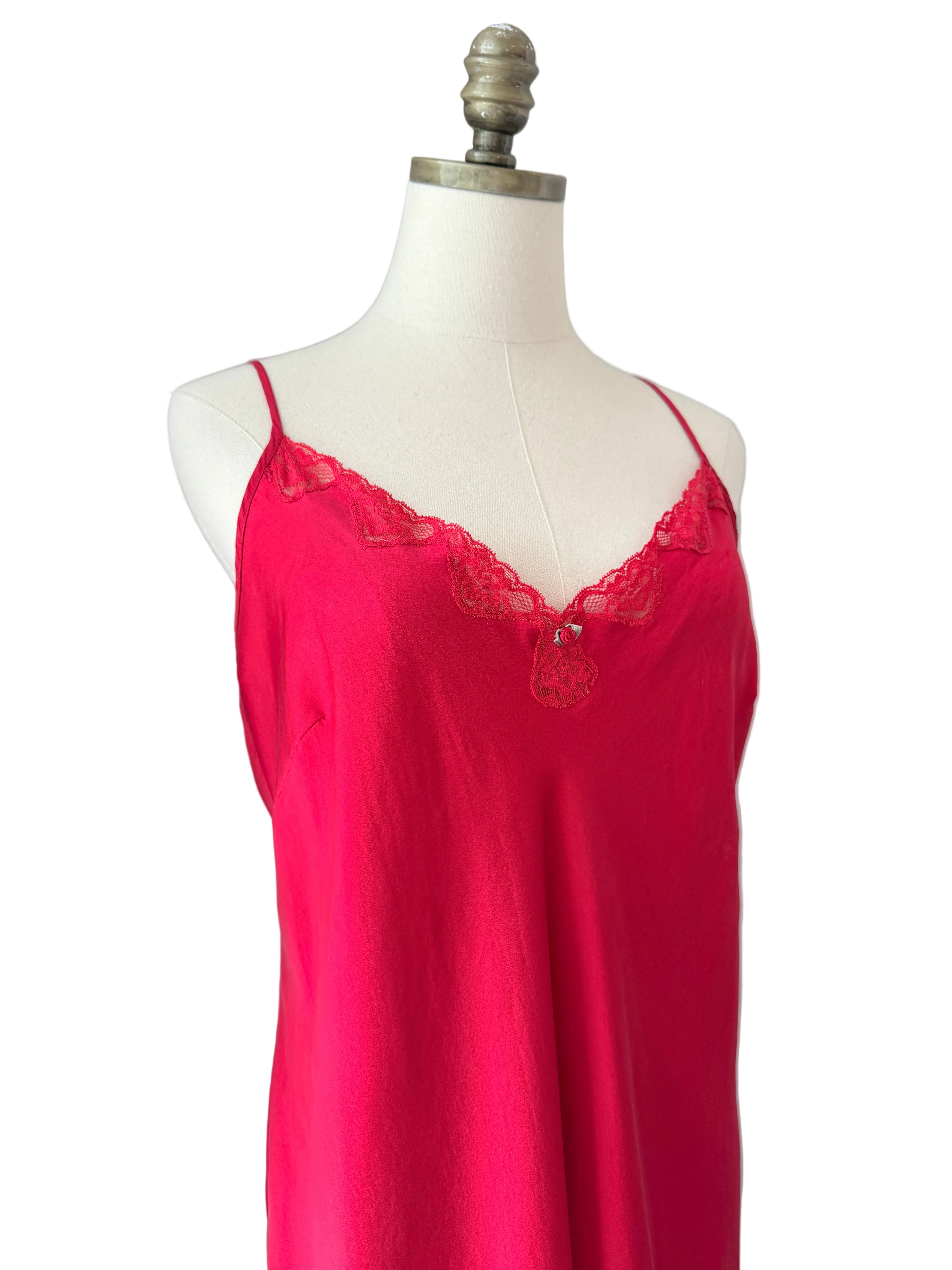 1980s August Silk Red Slip Nightgown with Lace V-Neck & Side Slit
