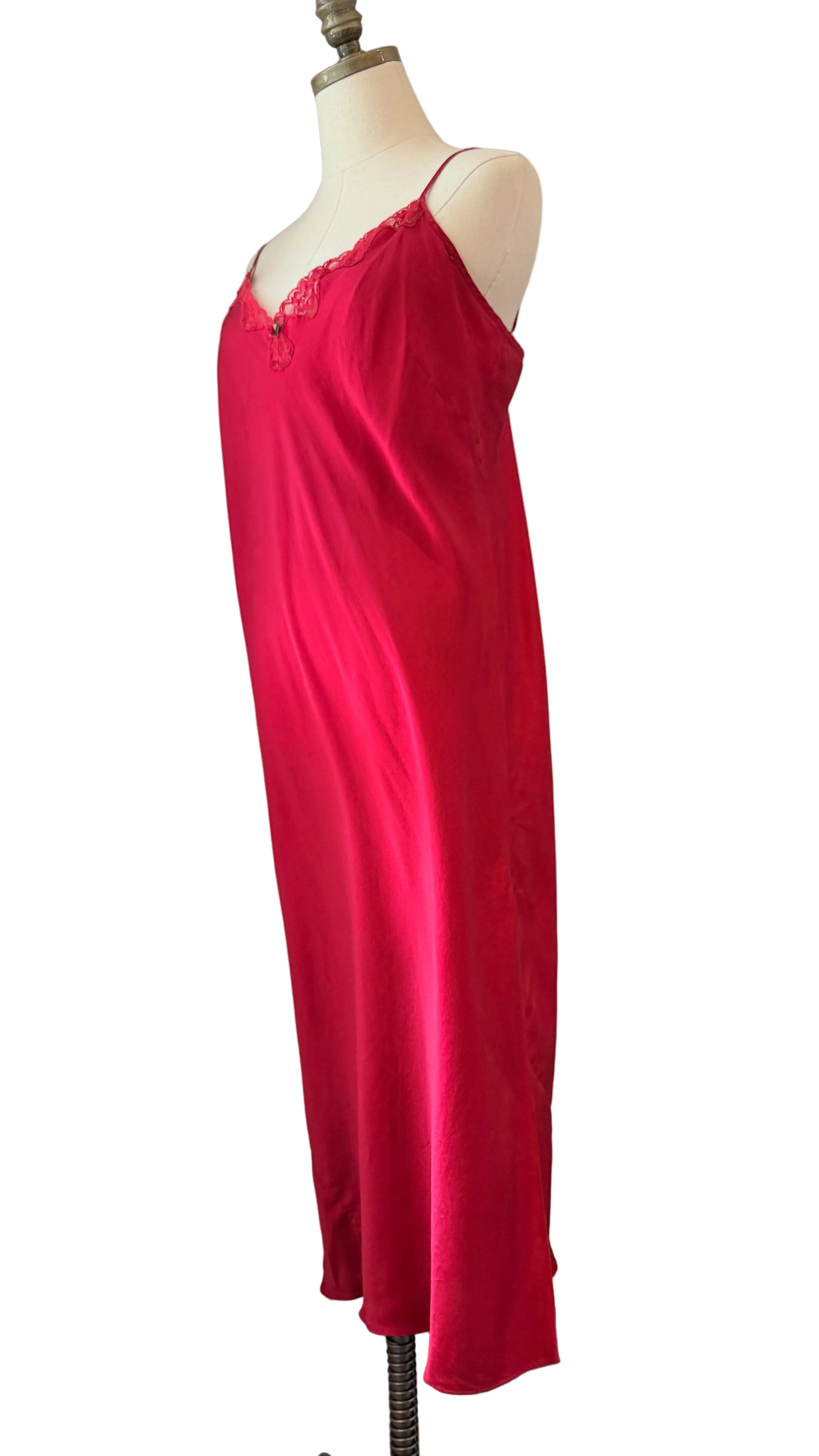 1980s August Silk Red Slip Nightgown with Lace V-Neck & Side Slit
