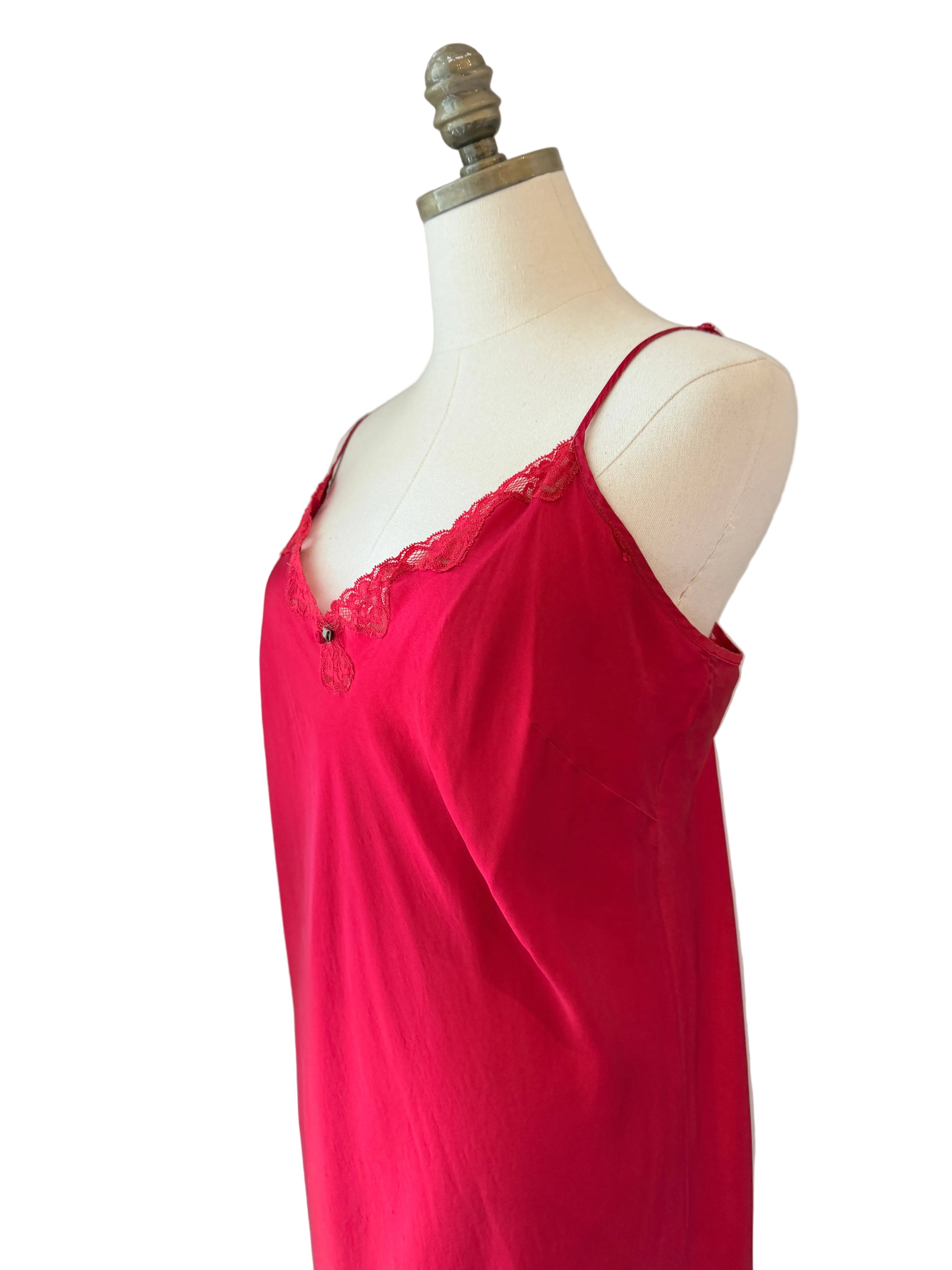 1980s August Silk Red Slip Nightgown with Lace V-Neck & Side Slit