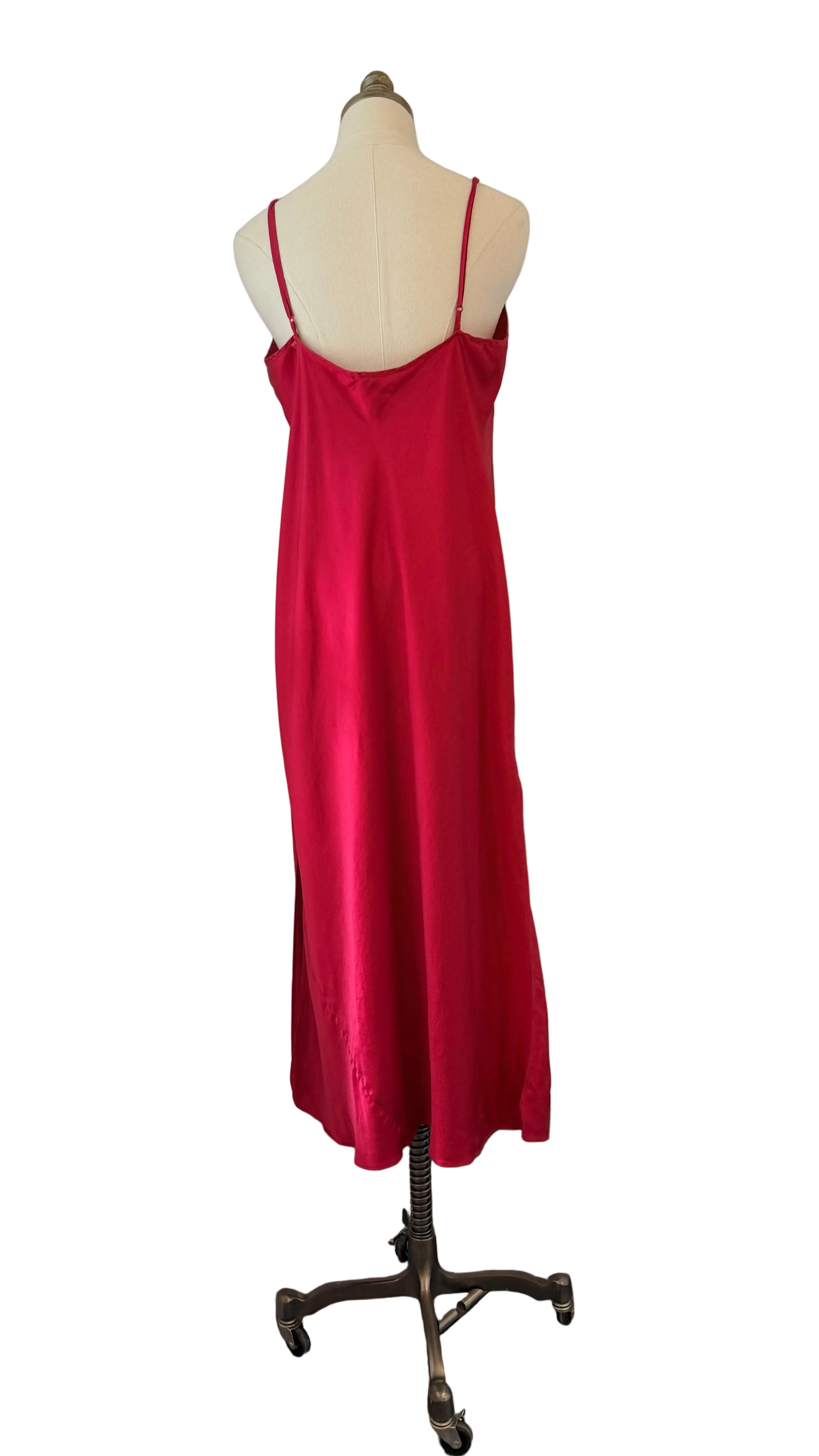 1980s August Silk Red Slip Nightgown with Lace V-Neck & Side Slit