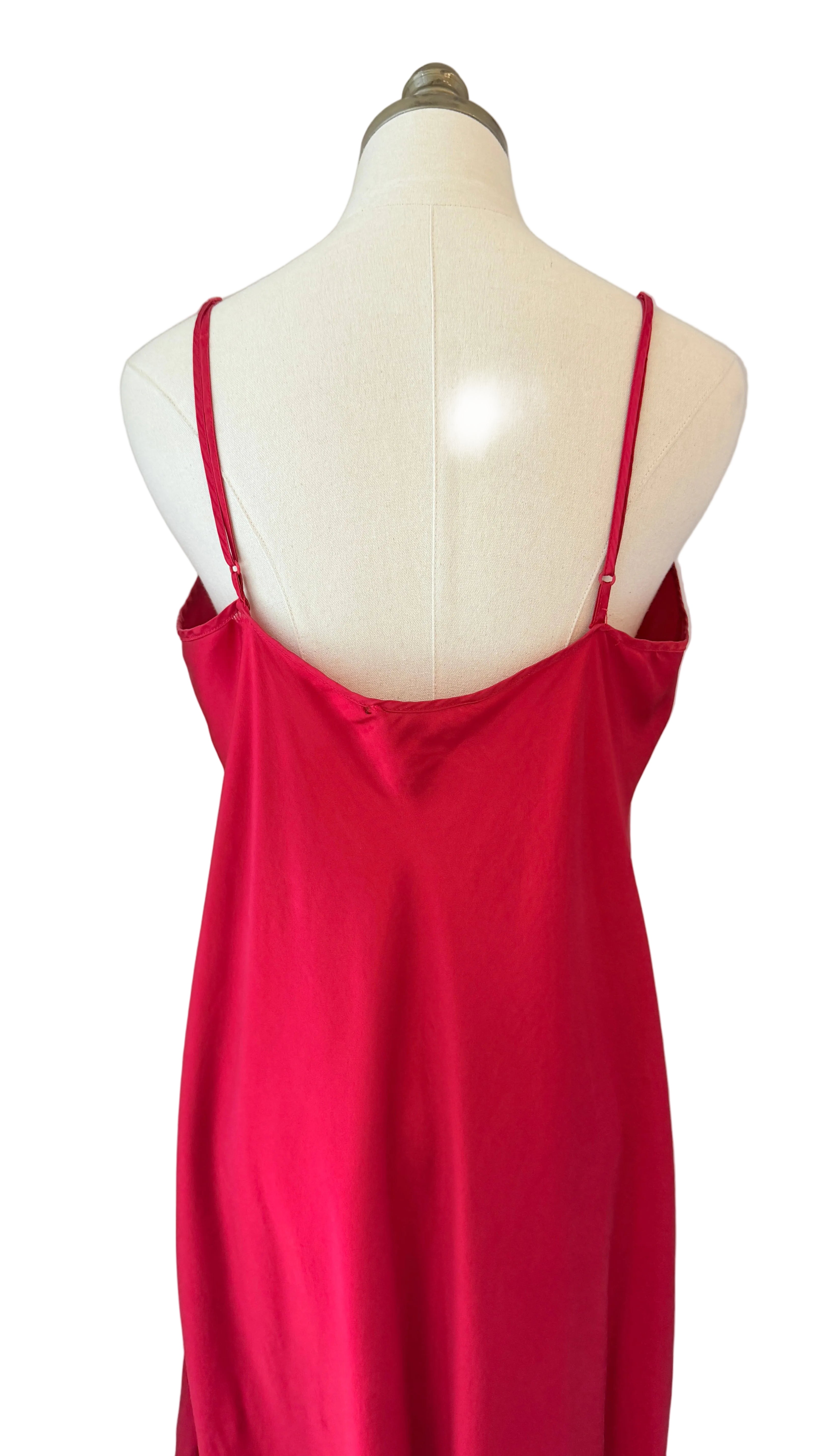 1980s August Silk Red Slip Nightgown with Lace V-Neck & Side Slit