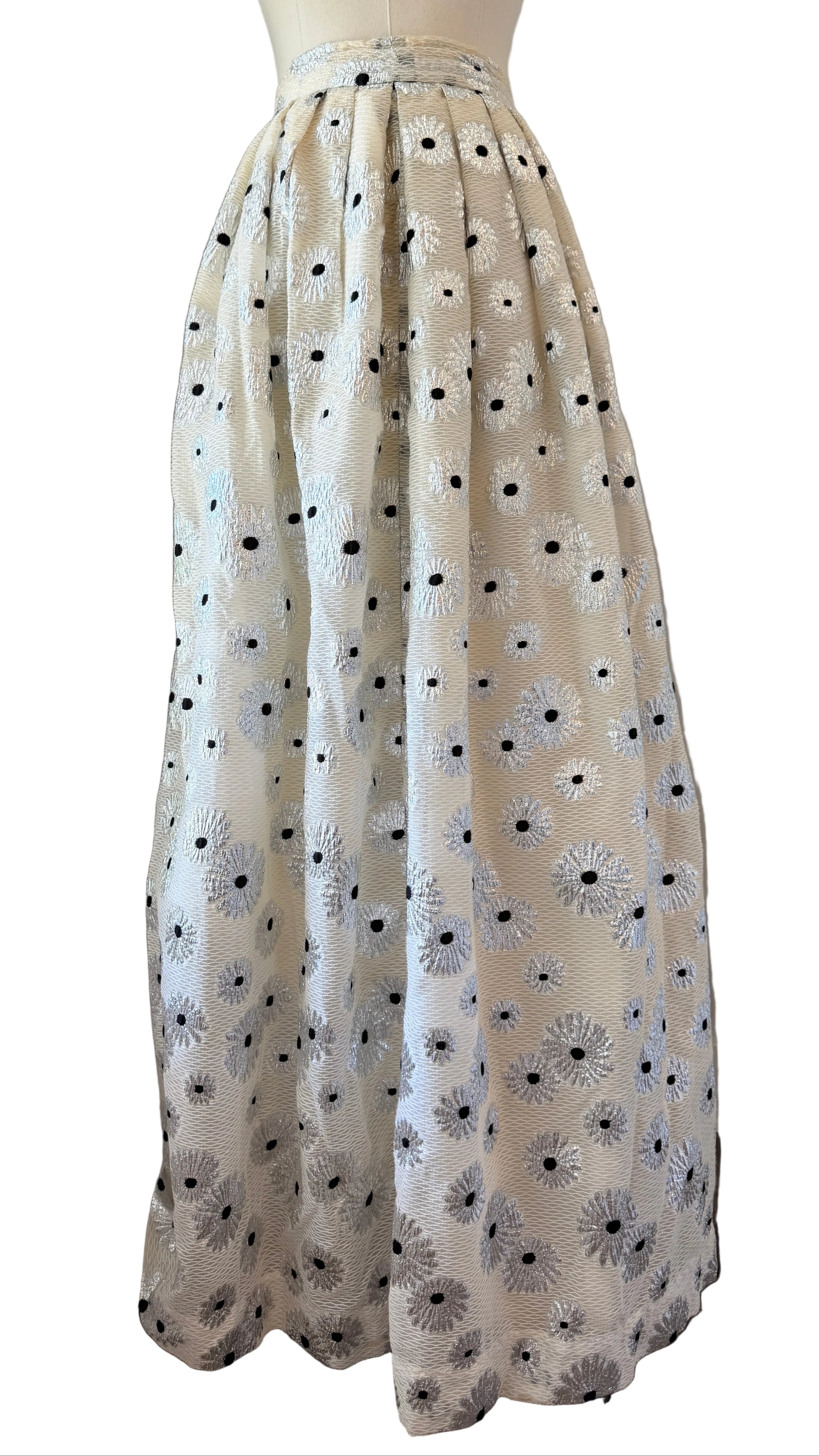1960s White Mesh Maxi Skirt with Silver Floral Print