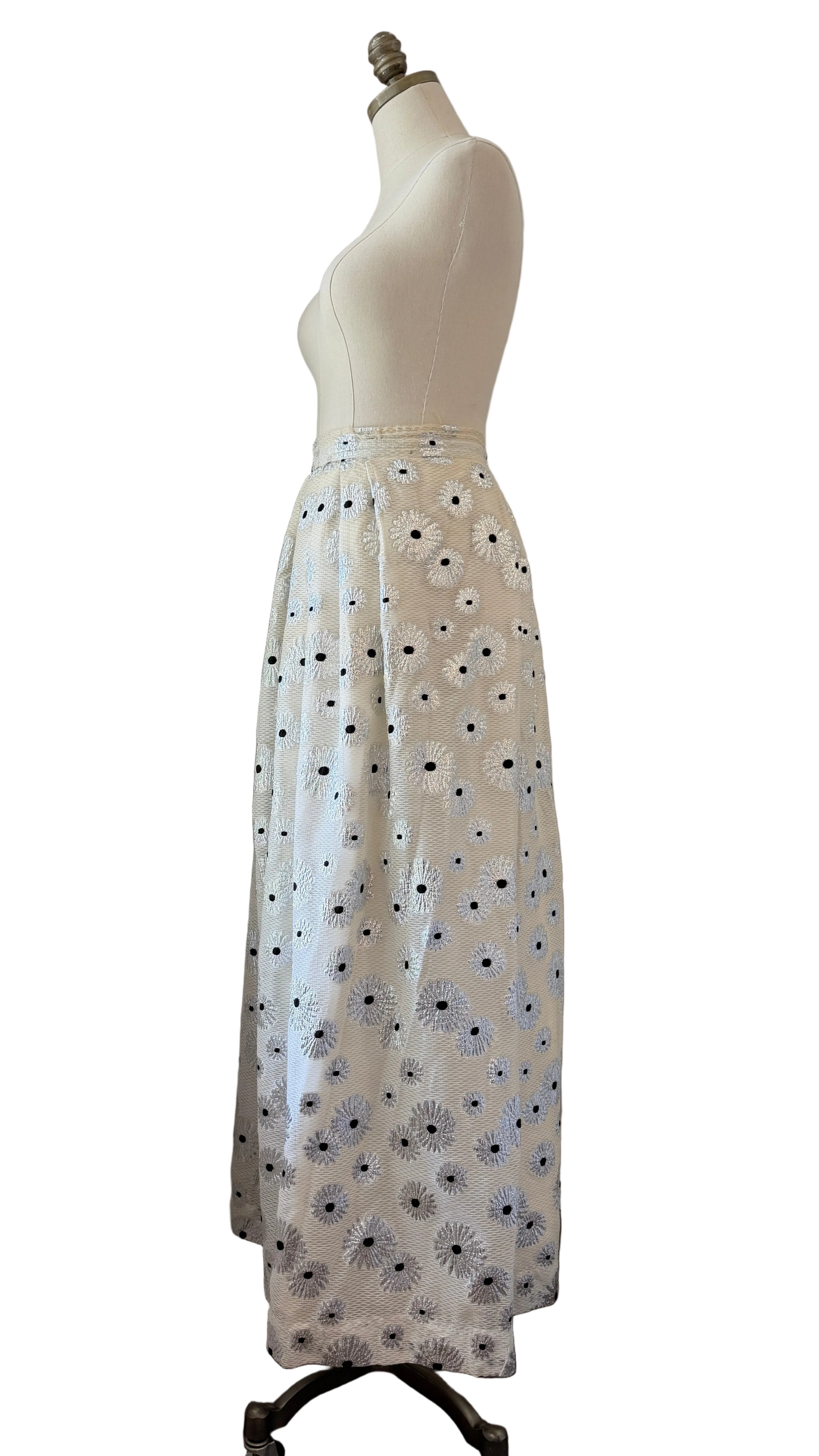1960s White Mesh Maxi Skirt with Silver Floral Print