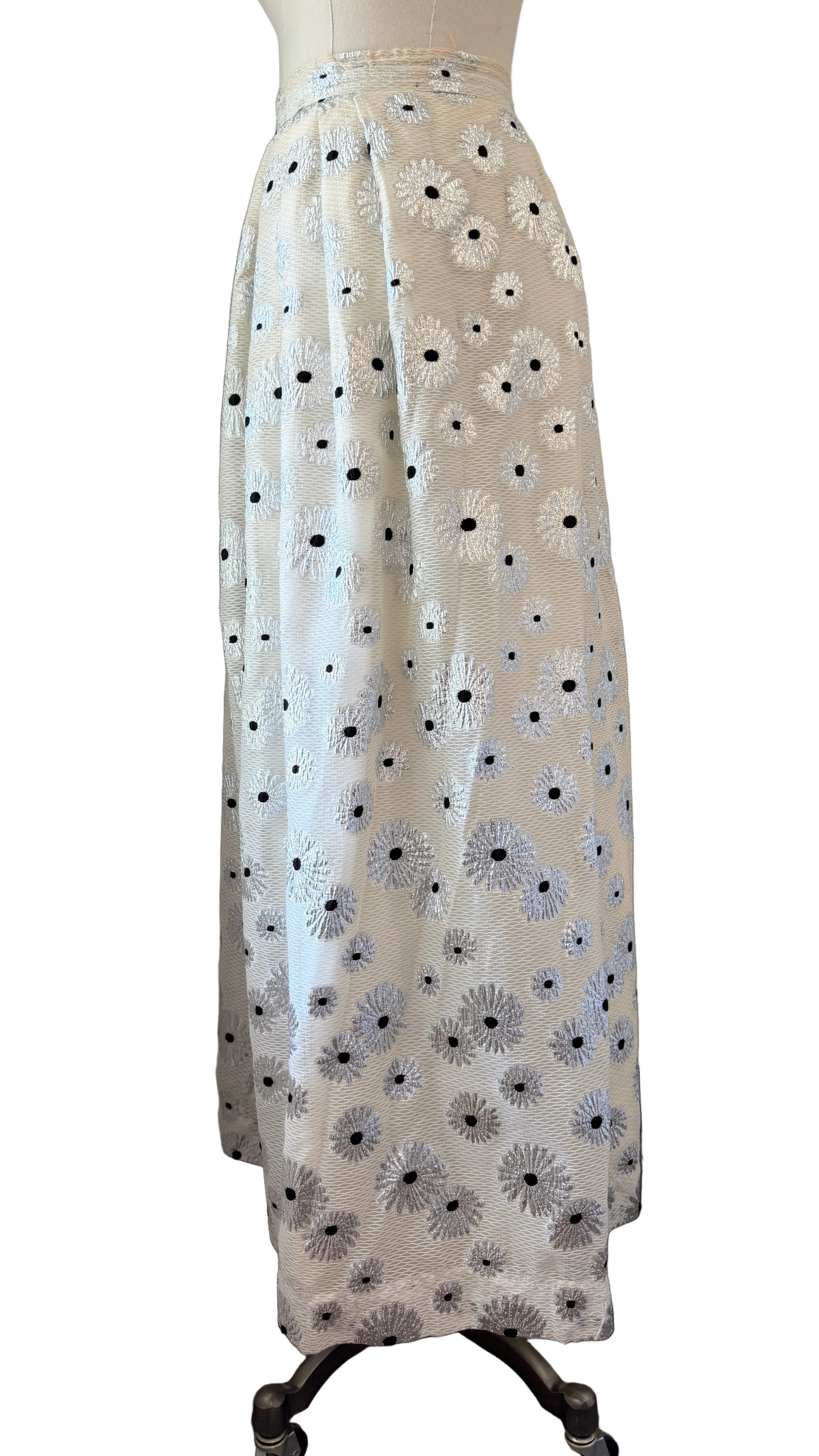 1960s White Mesh Maxi Skirt with Silver Floral Print