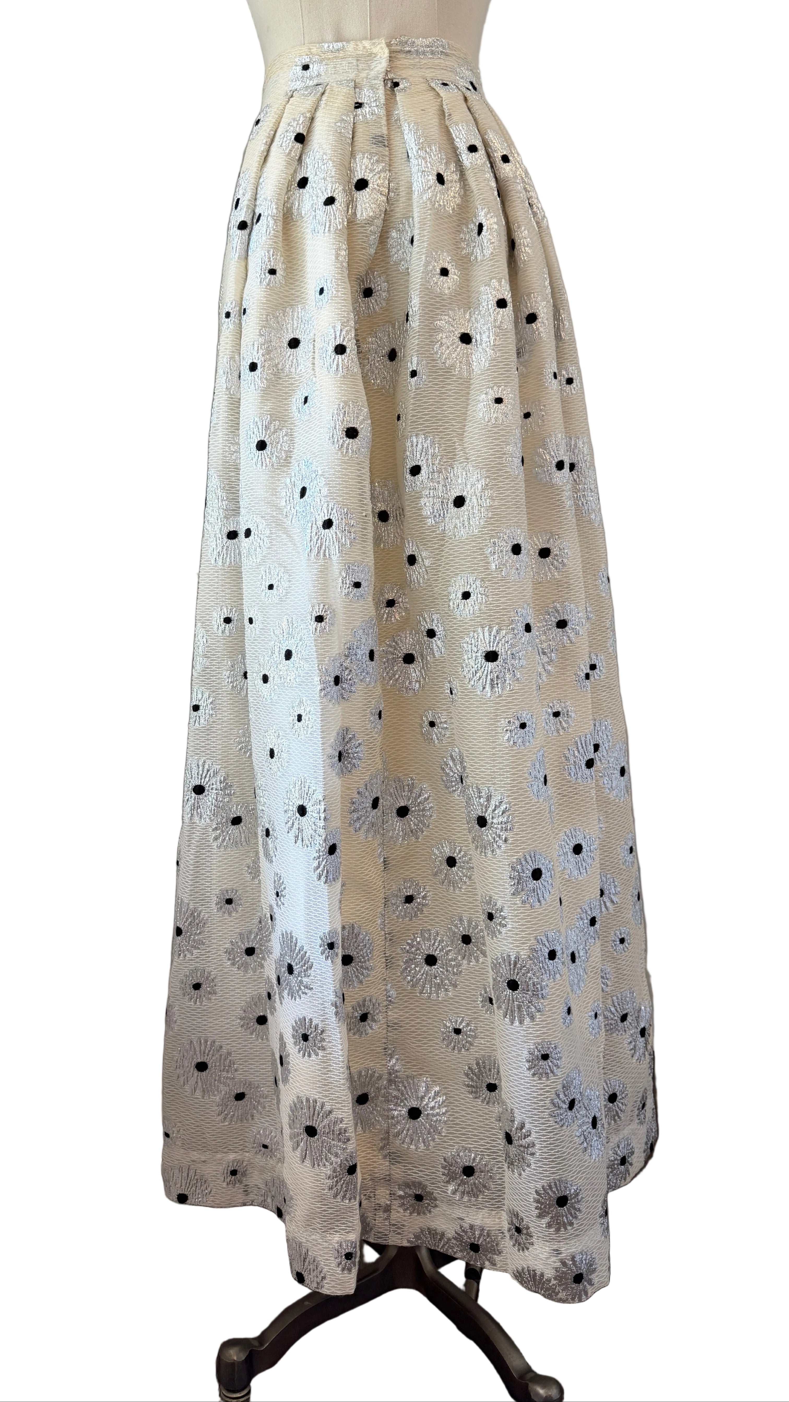 1960s White Mesh Maxi Skirt with Silver Floral Print