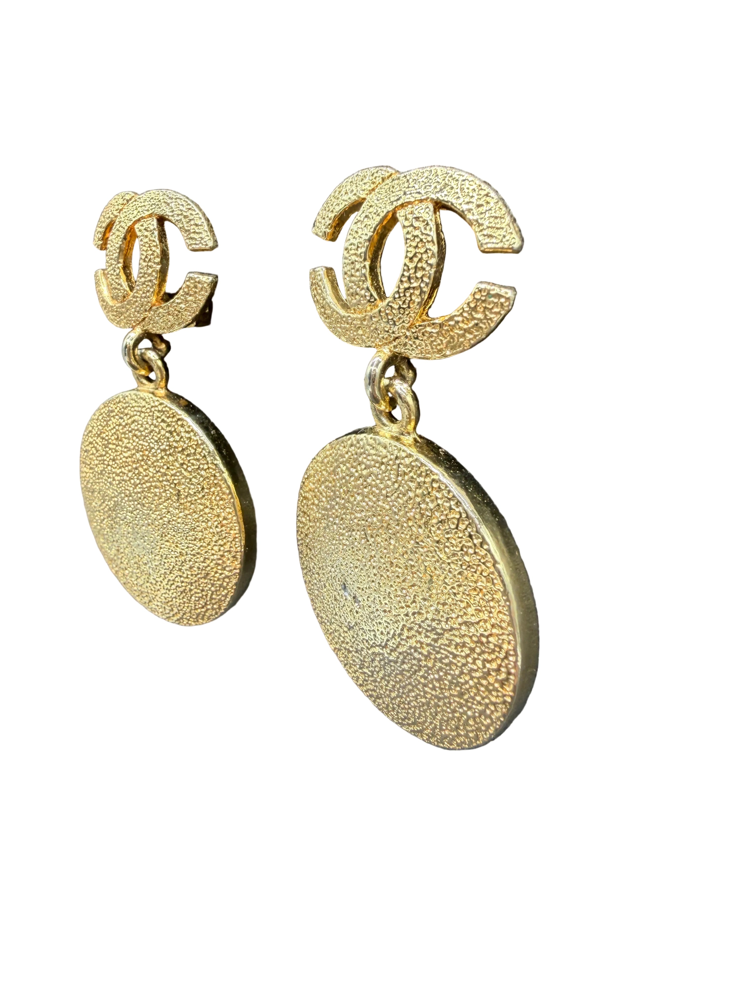 1980s Chanel Gold-Tone Double C Clip Earrings with Textured Disc Dangles