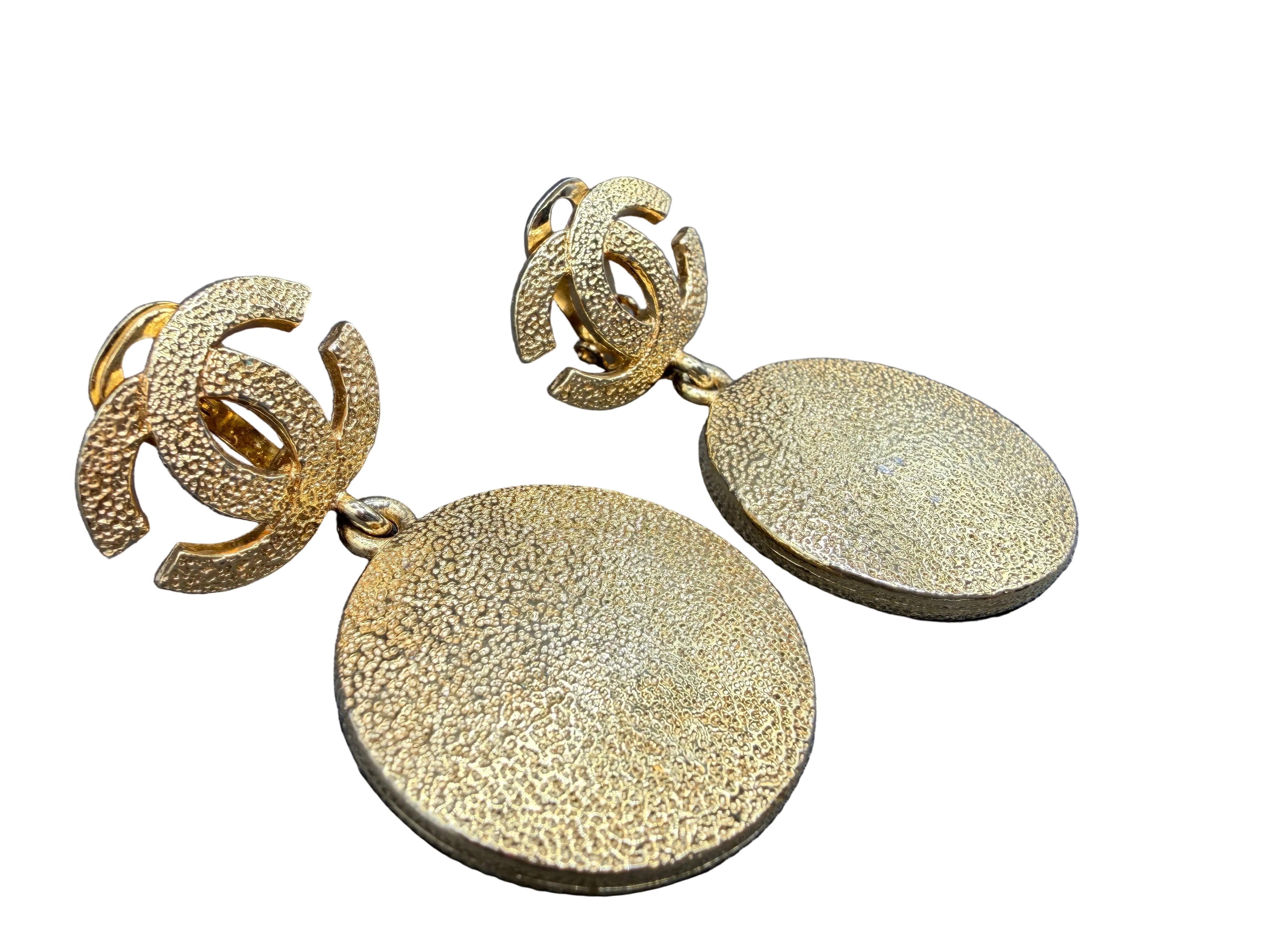 1980s Chanel Gold-Tone Double C Clip Earrings with Textured Disc Dangles