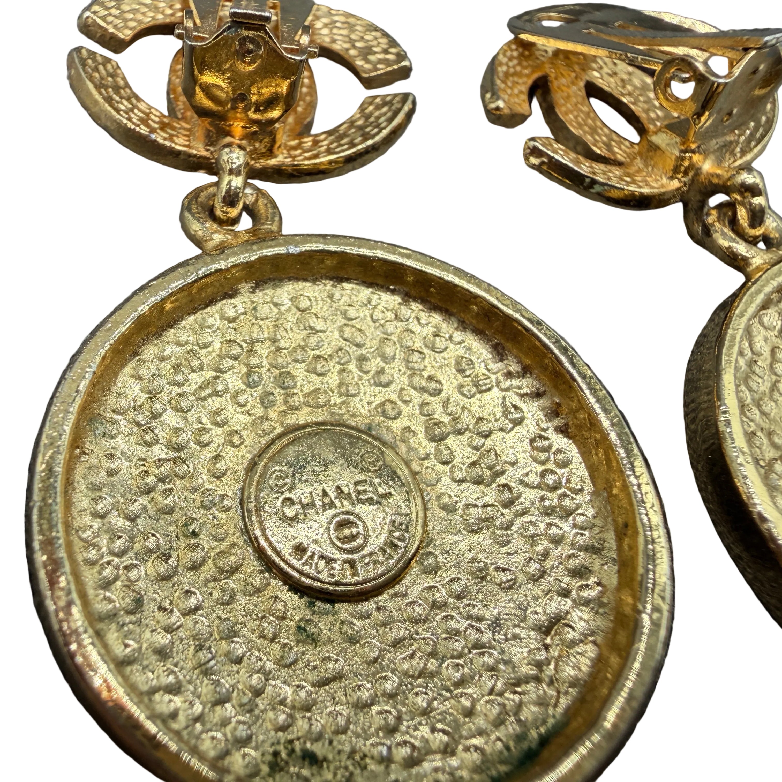 1980s Chanel Gold-Tone Double C Clip Earrings with Textured Disc Dangles