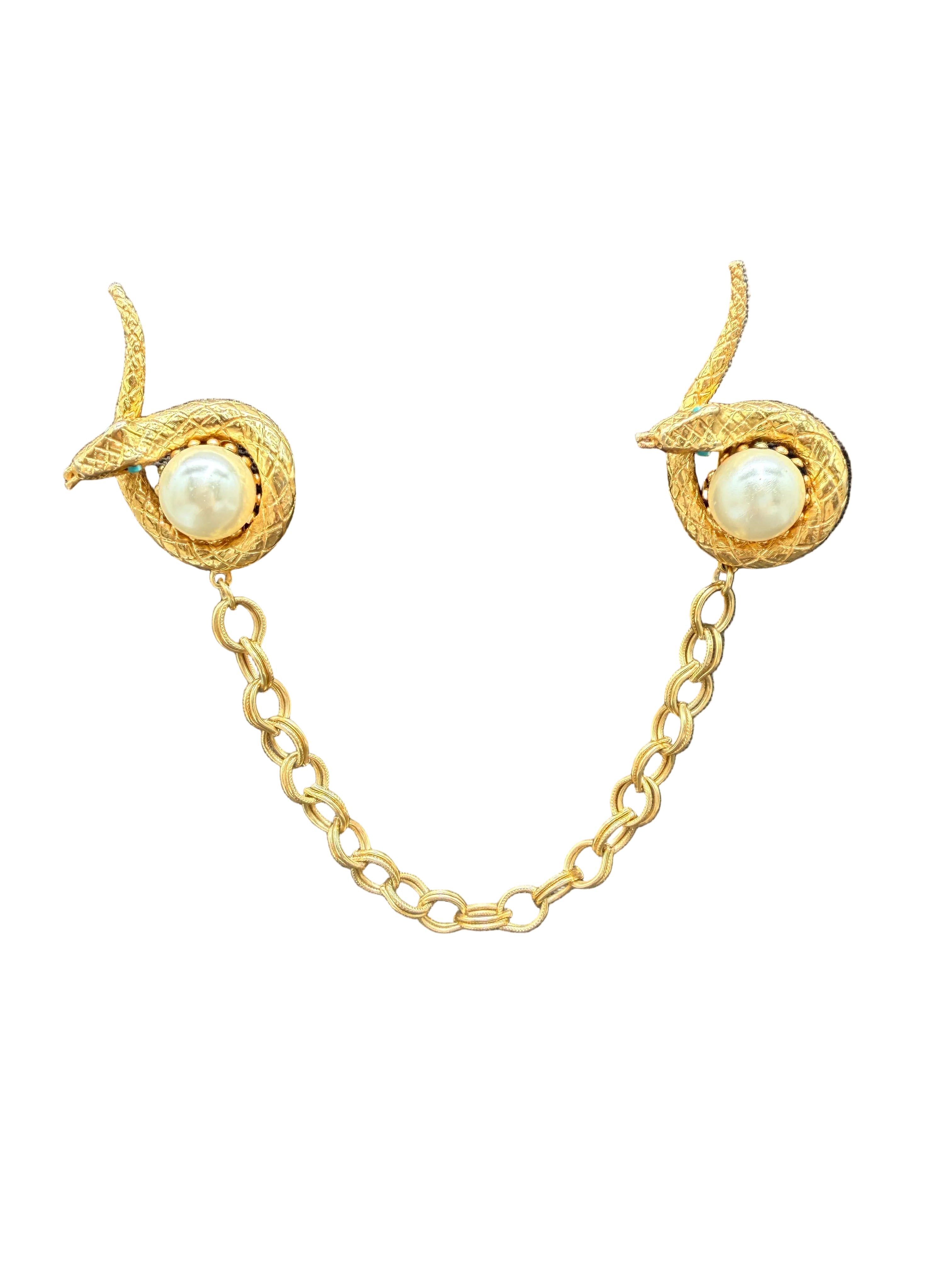 1960s Gold-Tone Snake Collar Clips with Chain, Turquoise Eyes & Faux Pearl Accent