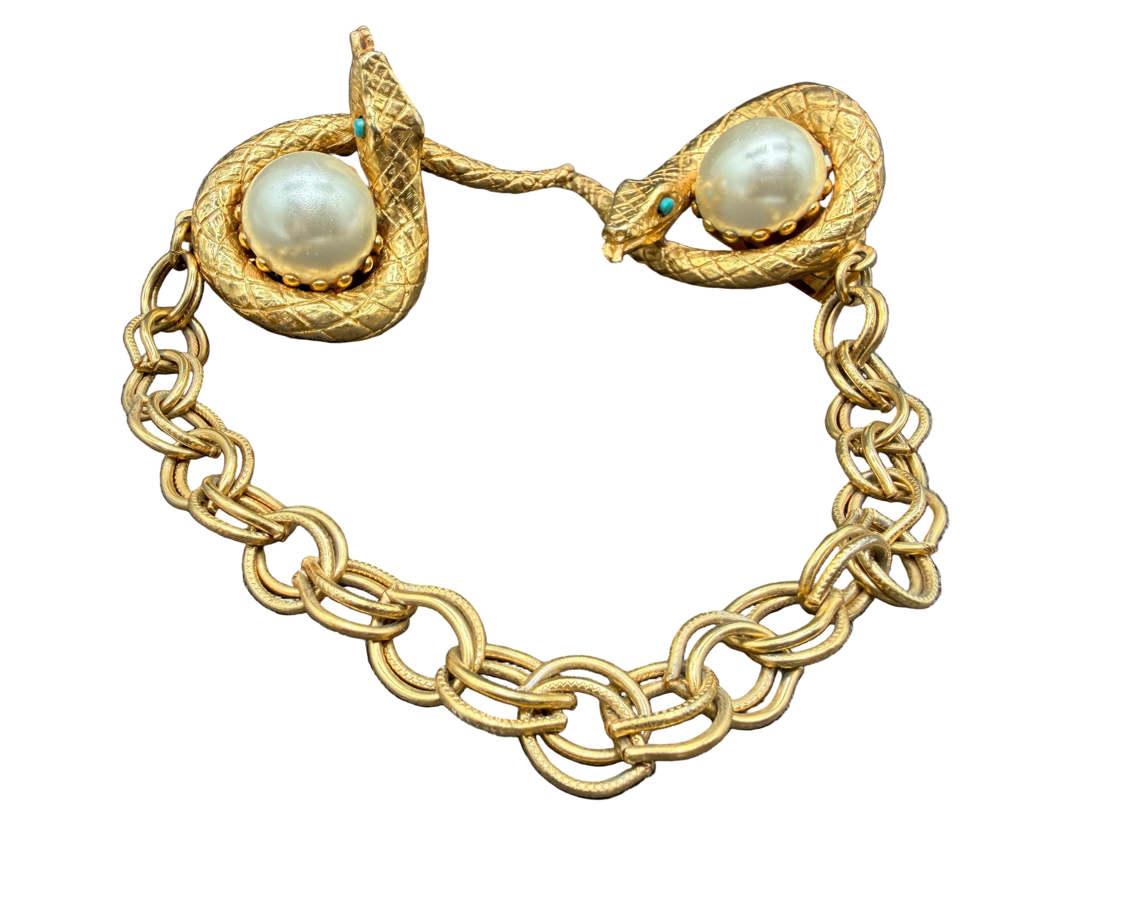 1960s Gold-Tone Snake Collar Clips with Chain, Turquoise Eyes & Faux Pearl Accent