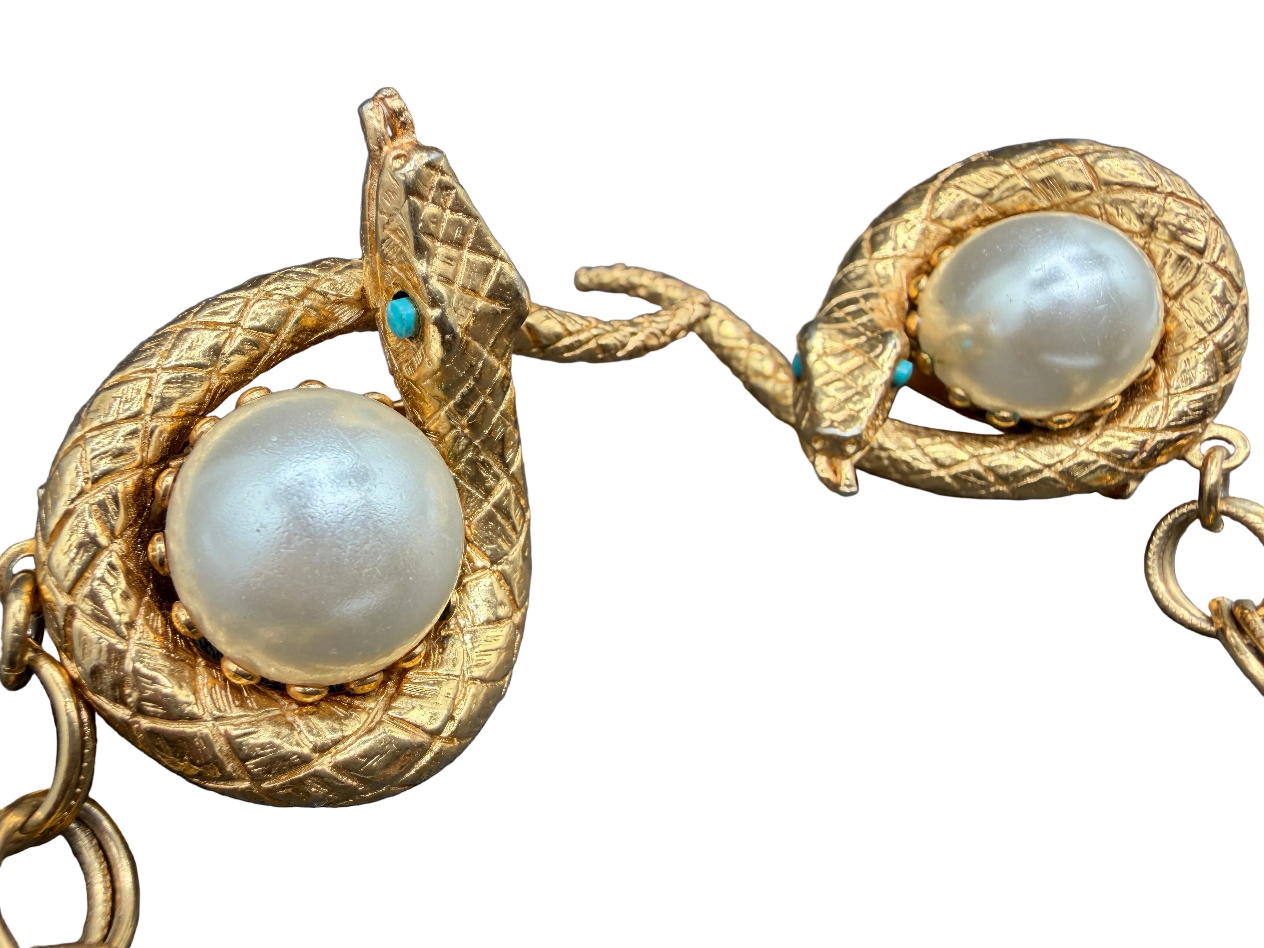 1960s Gold-Tone Snake Collar Clips with Chain, Turquoise Eyes & Faux Pearl Accent