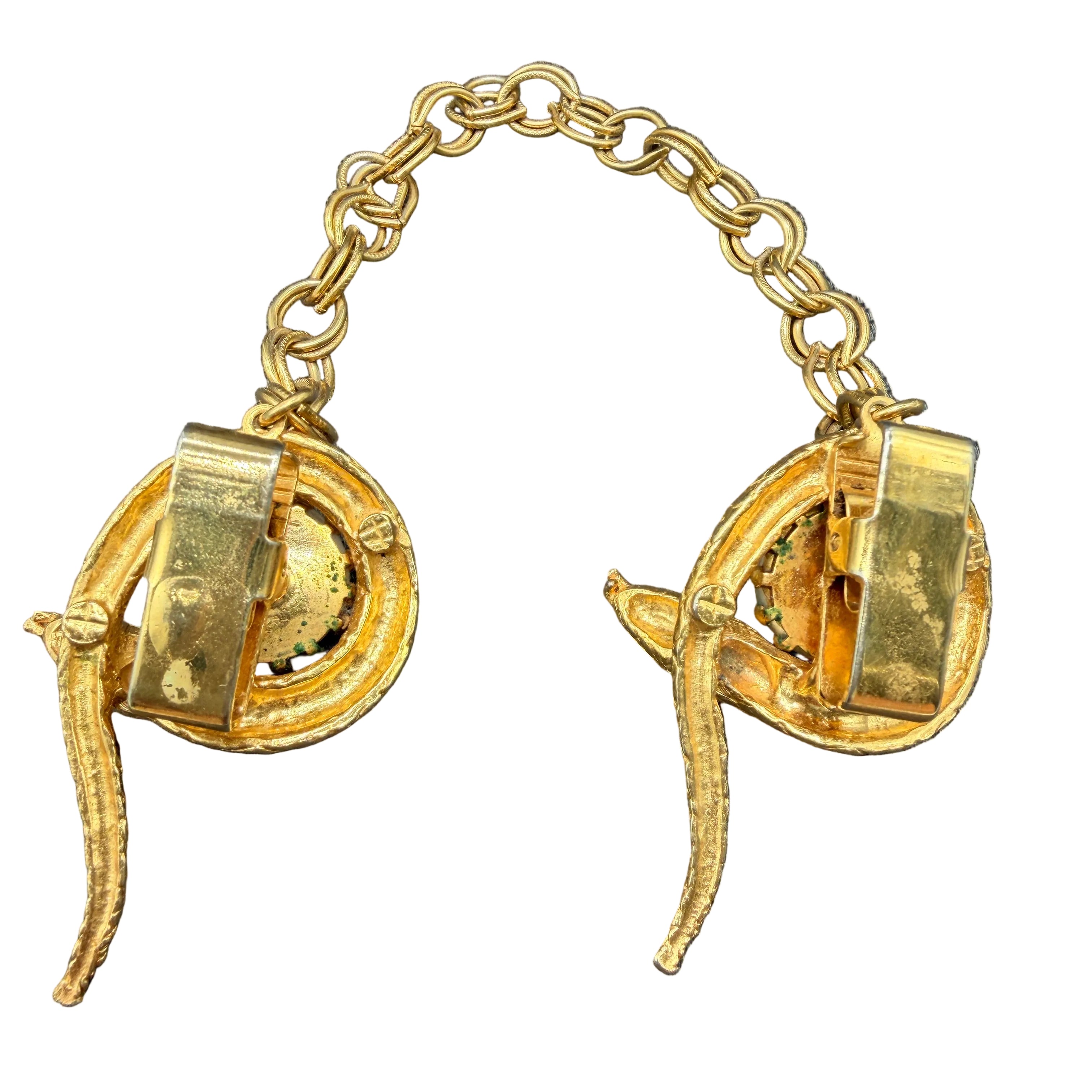 1960s Gold-Tone Snake Collar Clips with Chain, Turquoise Eyes & Faux Pearl Accent