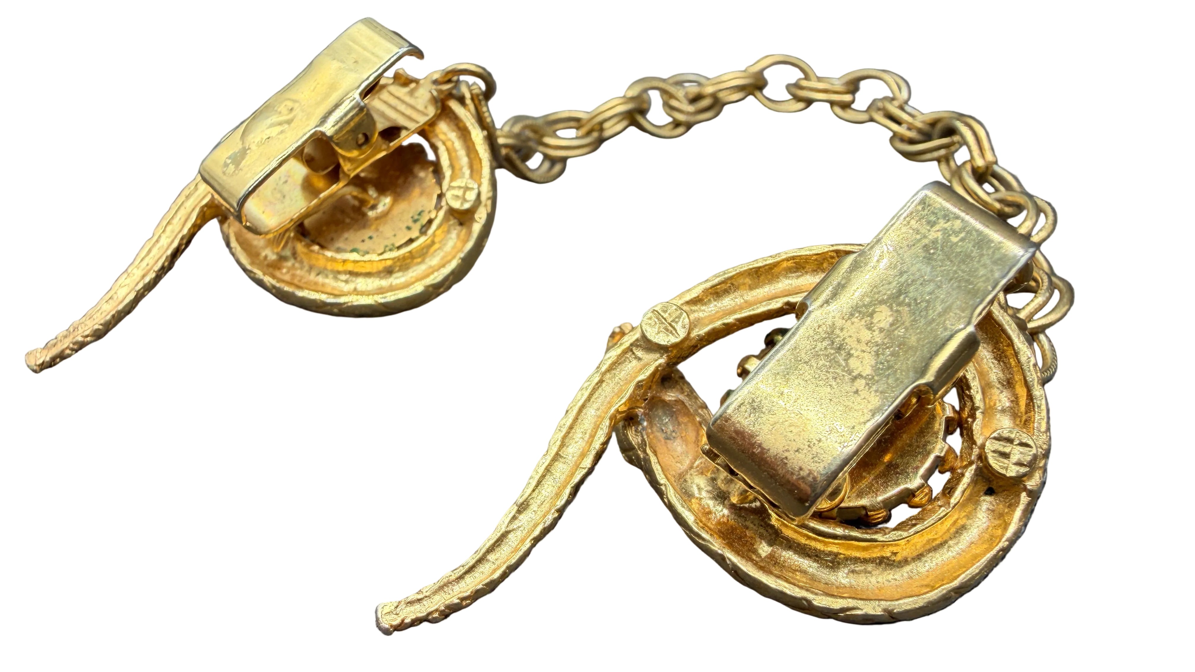 1960s Gold-Tone Snake Collar Clips with Chain, Turquoise Eyes & Faux Pearl Accent