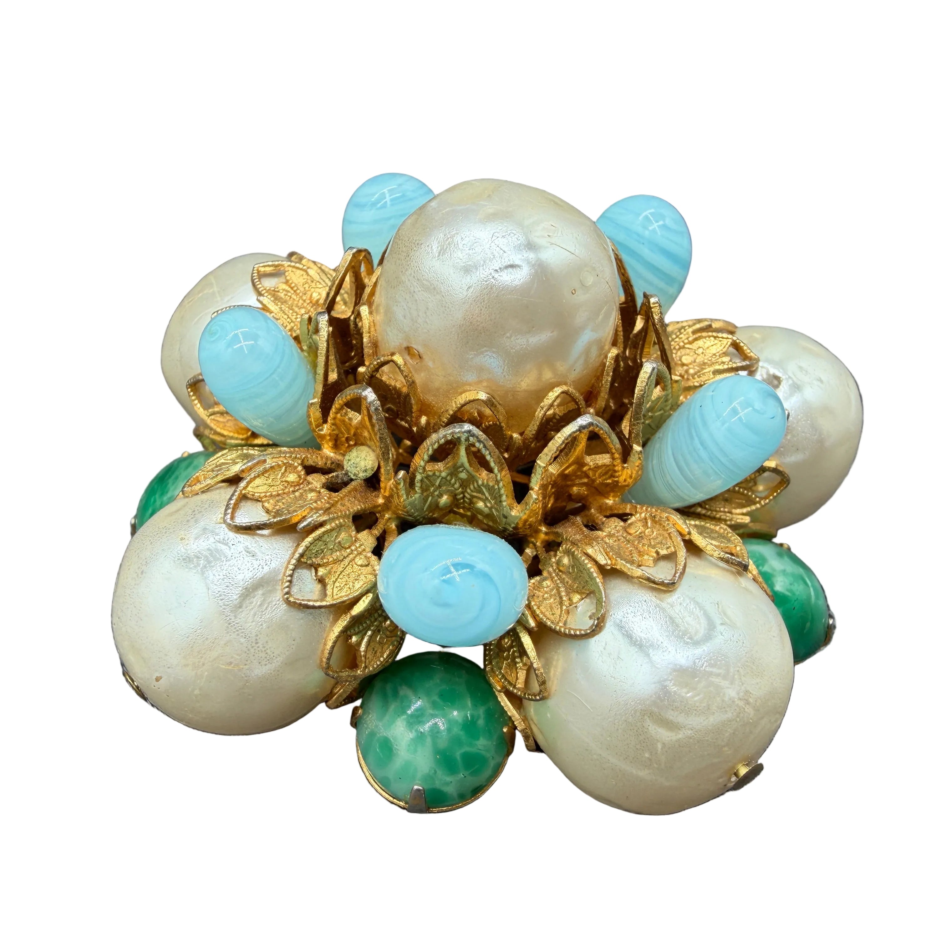 1950s Vendôme Gold-Tone Statement Brooch with Opalite, Faux Pearls & Green Chalcedony