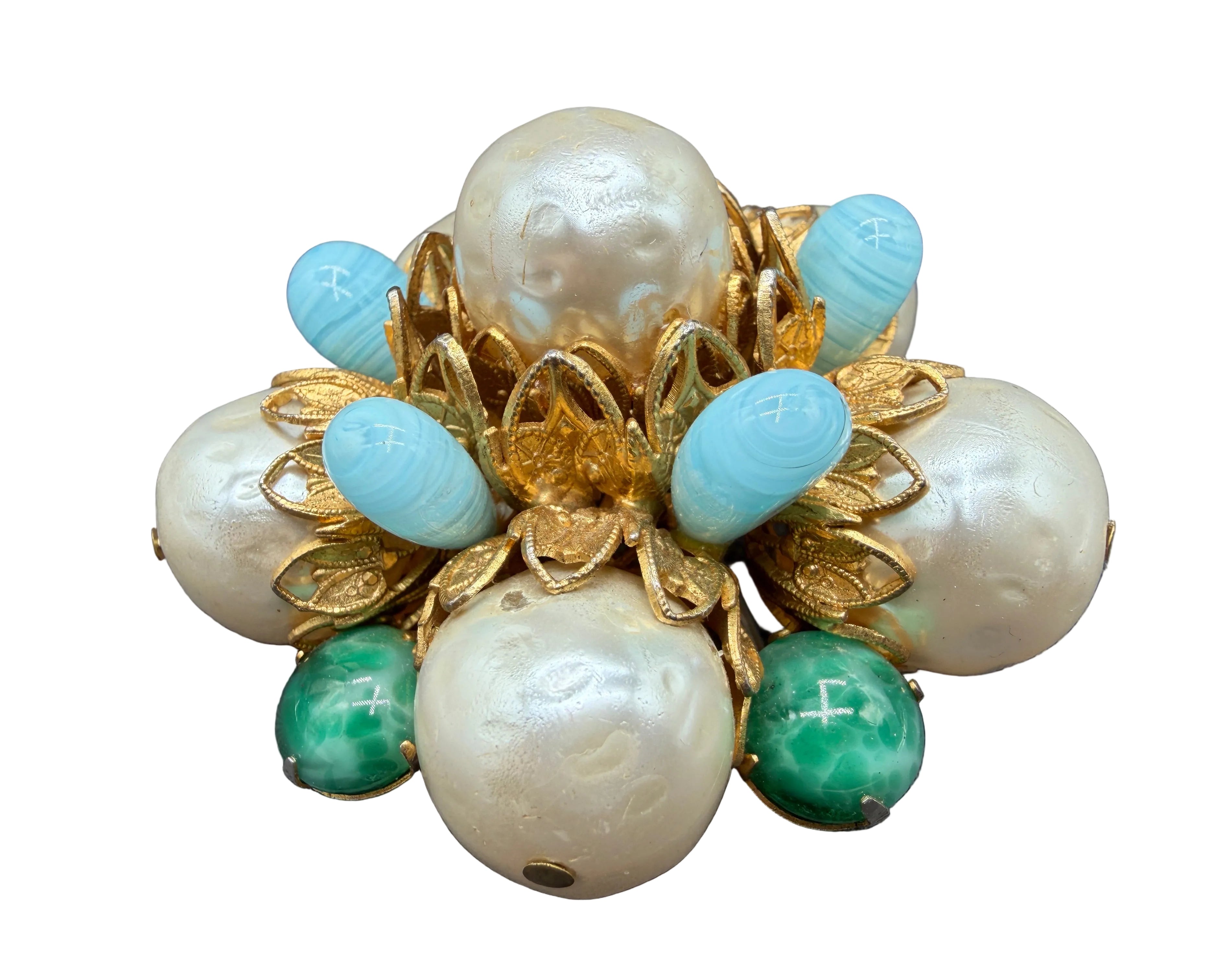 1950s Vendôme Gold-Tone Statement Brooch with Opalite, Faux Pearls & Green Chalcedony