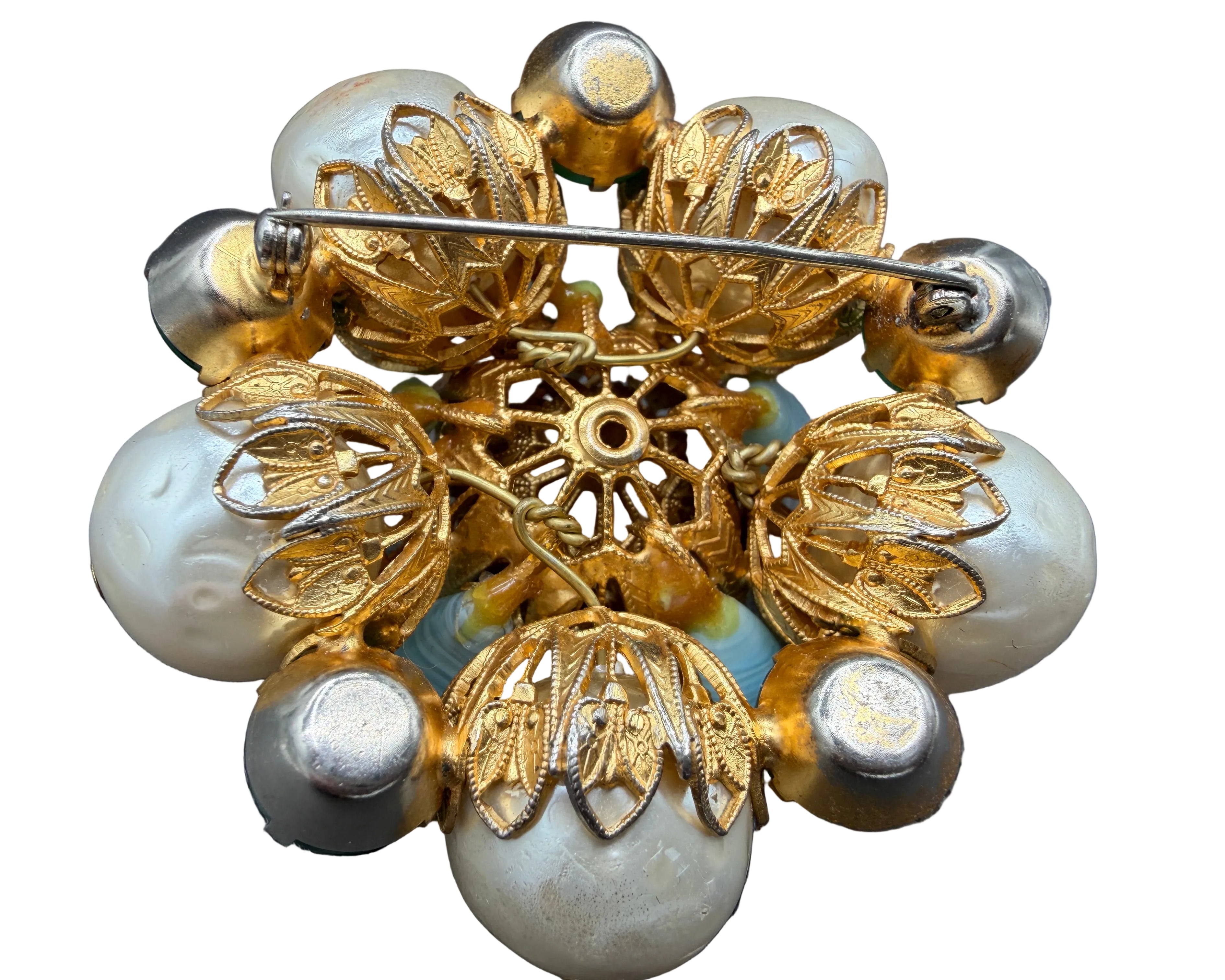 1950s Vendôme Gold-Tone Statement Brooch with Opalite, Faux Pearls & Green Chalcedony