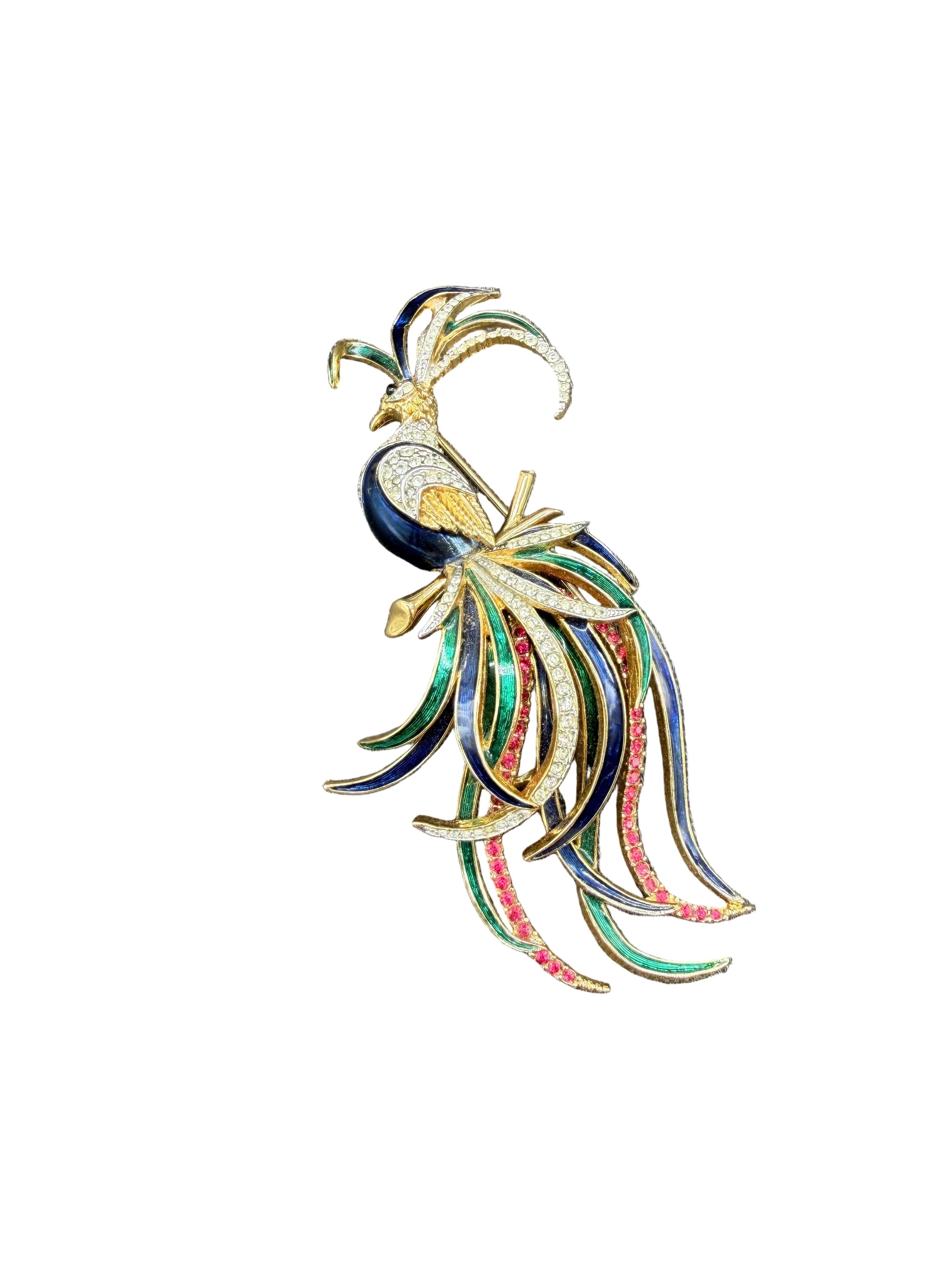 1980s D'Orlan Gold-Tone Bird of Paradise Brooch with Enamel & Rhinestones