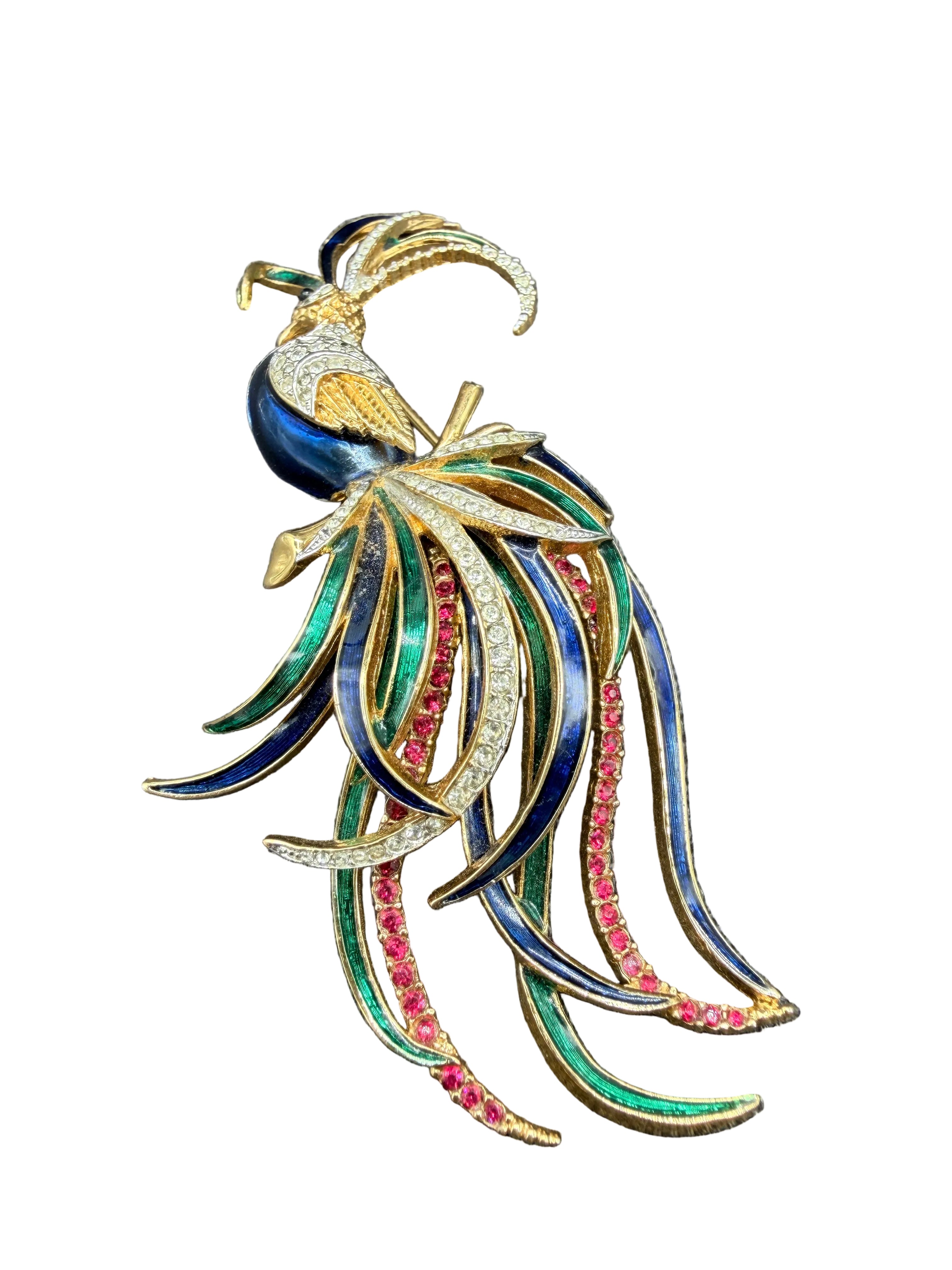 1980s D'Orlan Gold-Tone Bird of Paradise Brooch with Enamel & Rhinestones