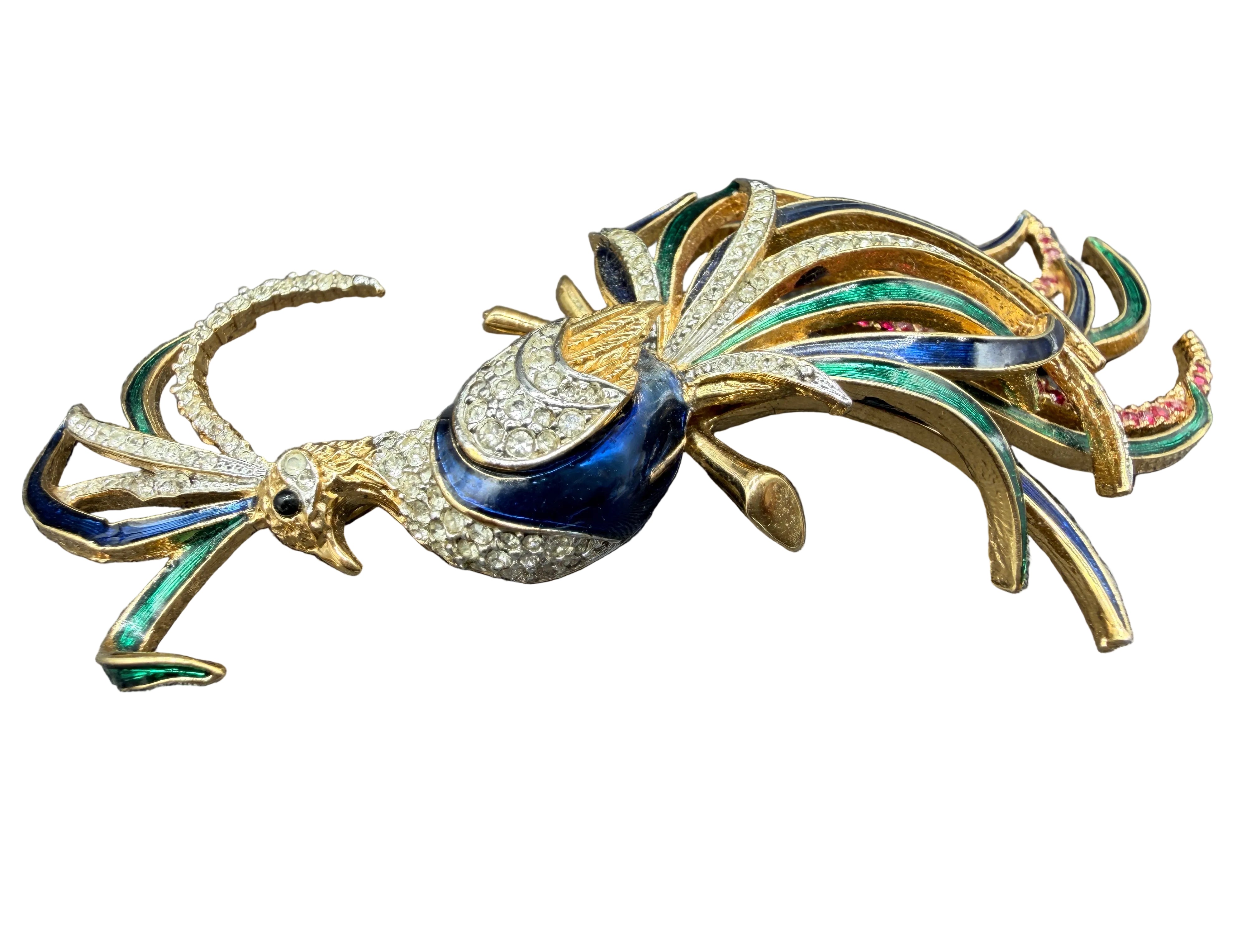 1980s D'Orlan Gold-Tone Bird of Paradise Brooch with Enamel & Rhinestones
