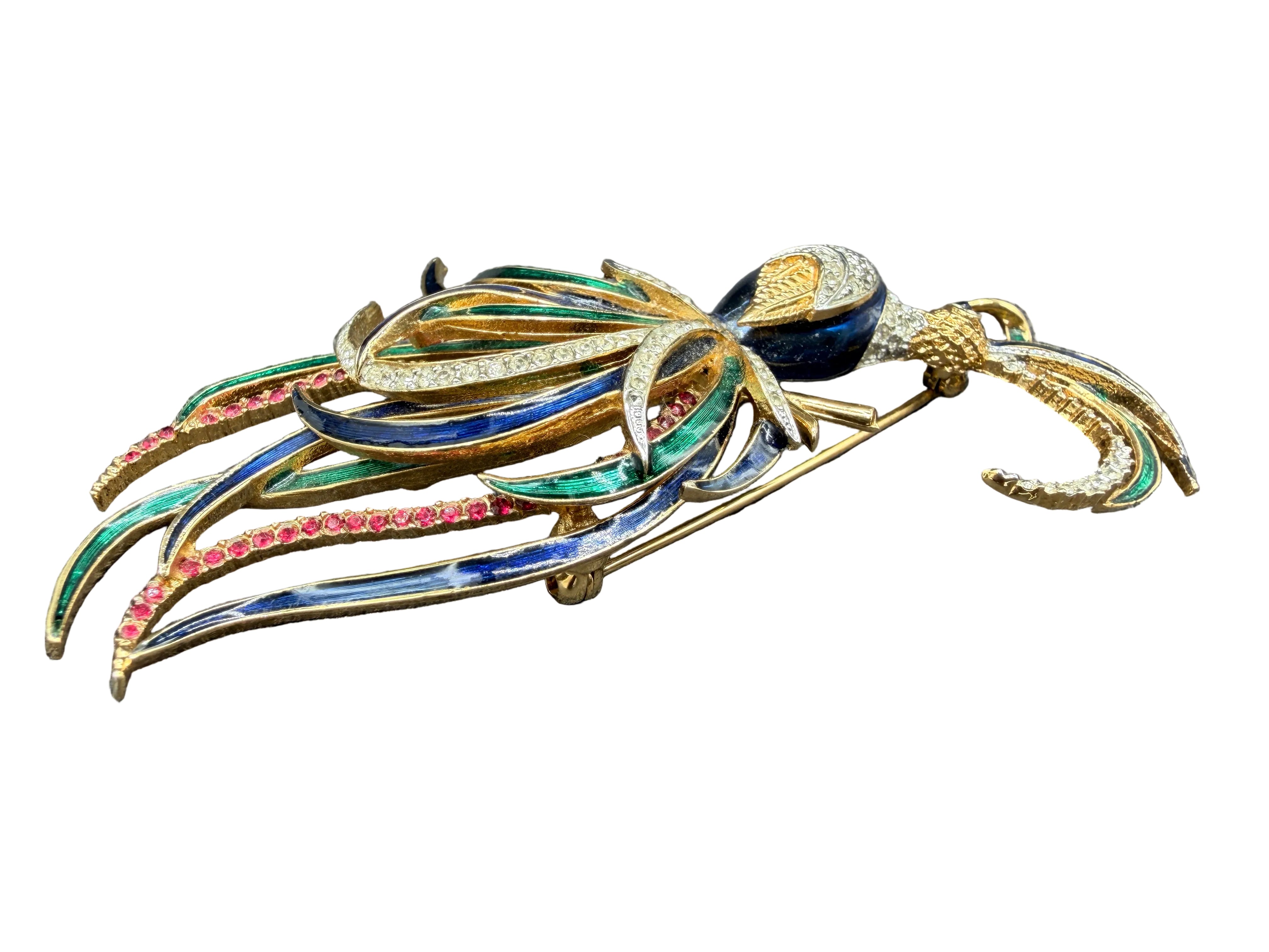1980s D'Orlan Gold-Tone Bird of Paradise Brooch with Enamel & Rhinestones