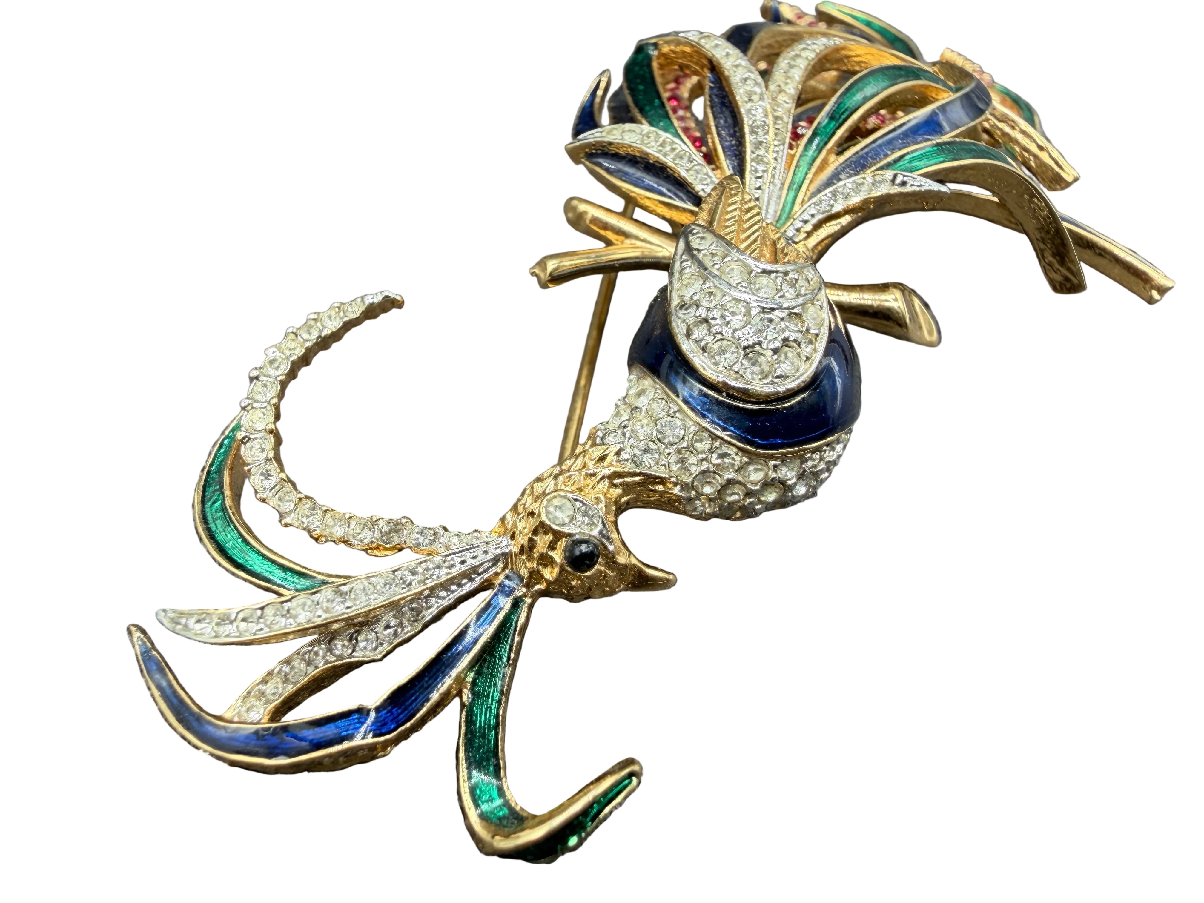 1980s D'Orlan Gold-Tone Bird of Paradise Brooch with Enamel & Rhinestones