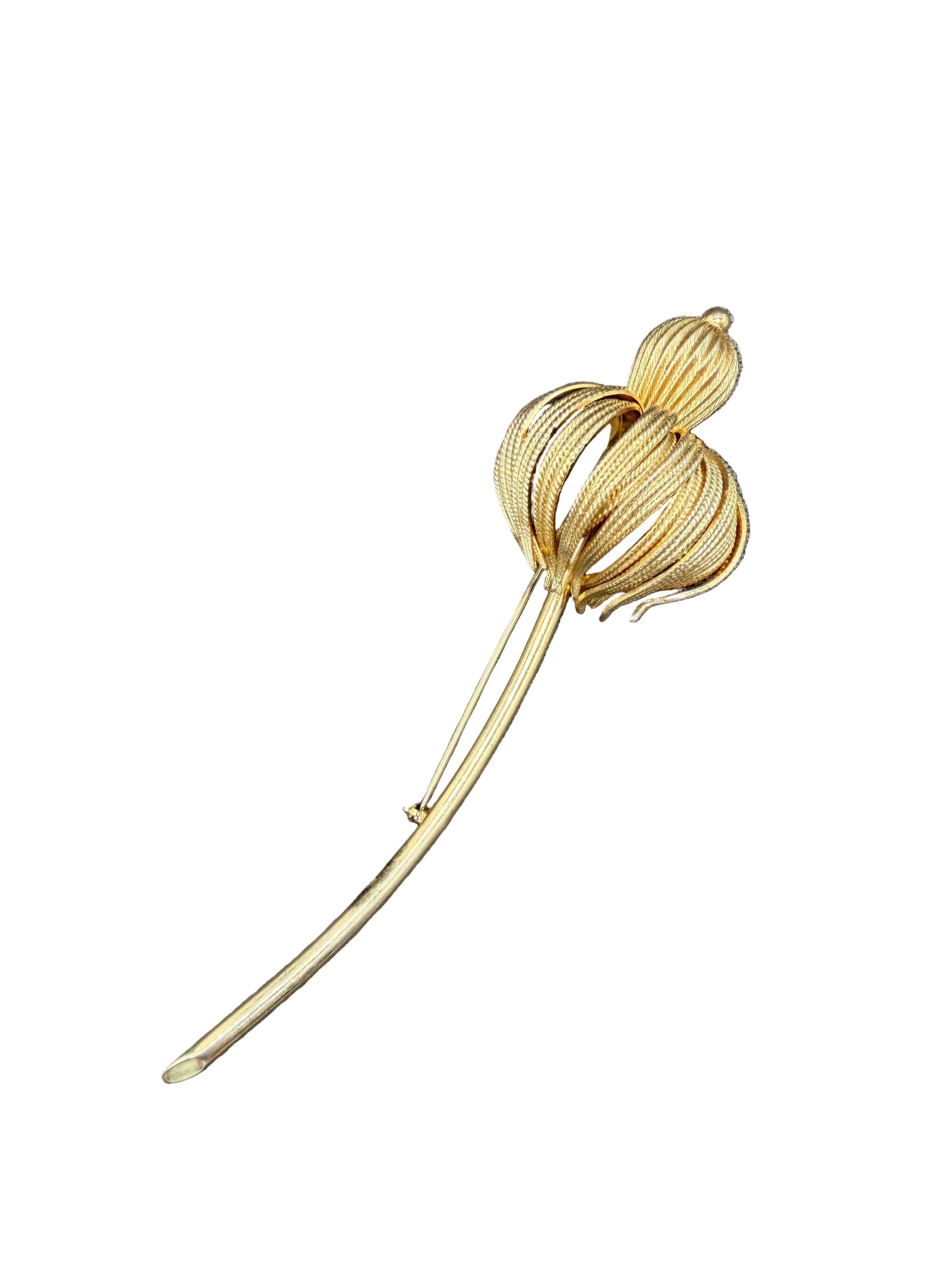 1960s Gold-Tone Textured 3D Floral Brooch with Long Stem