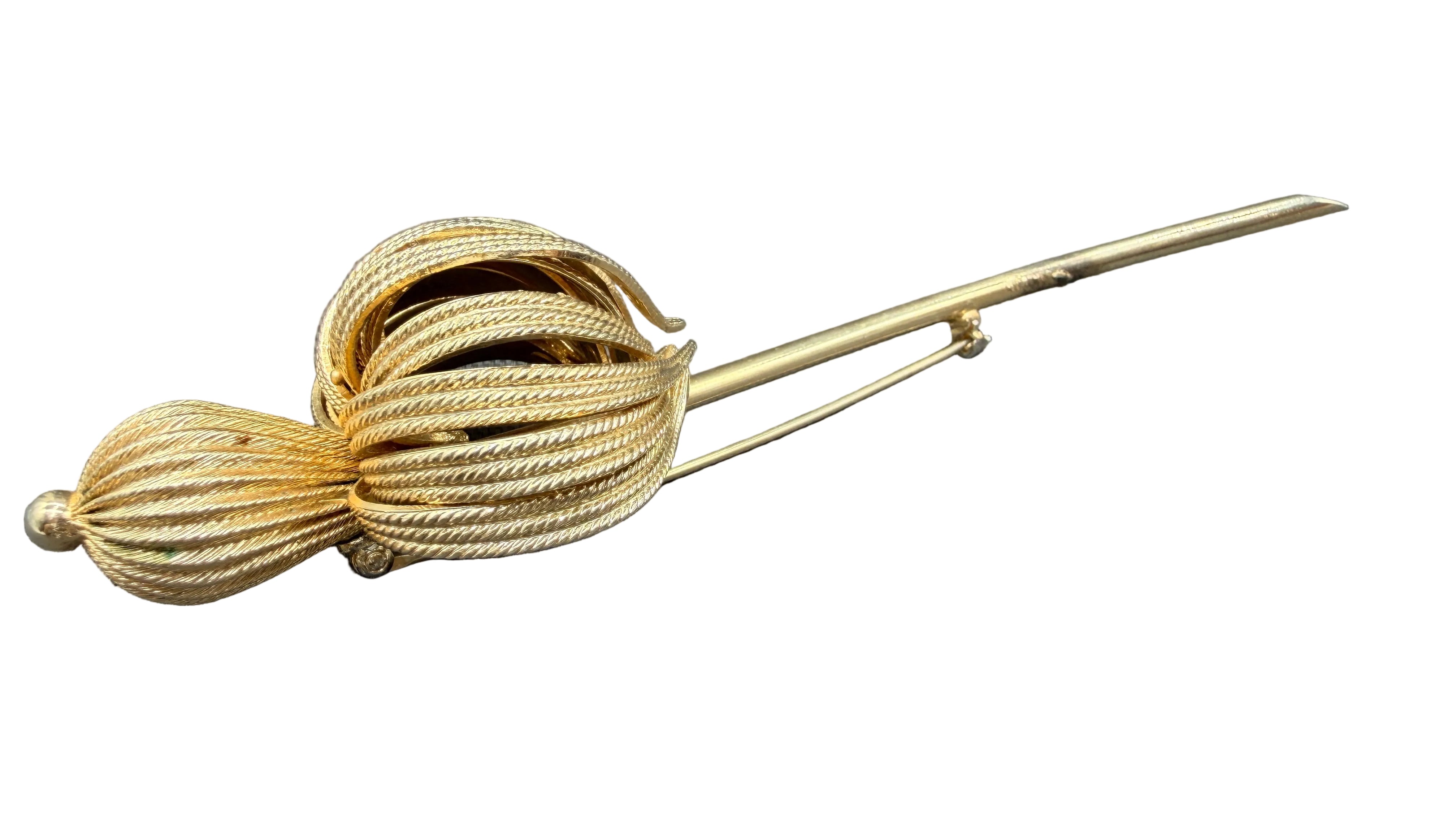 1960s Gold-Tone Textured 3D Floral Brooch with Long Stem