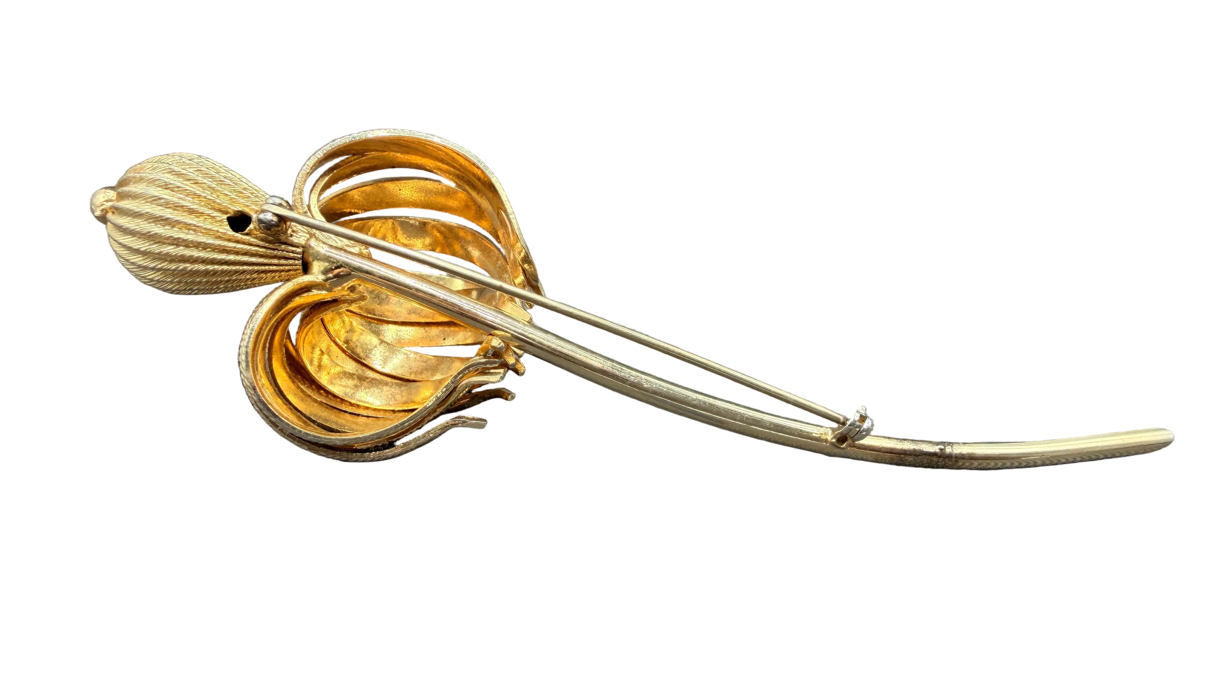 1960s Gold-Tone Textured 3D Floral Brooch with Long Stem