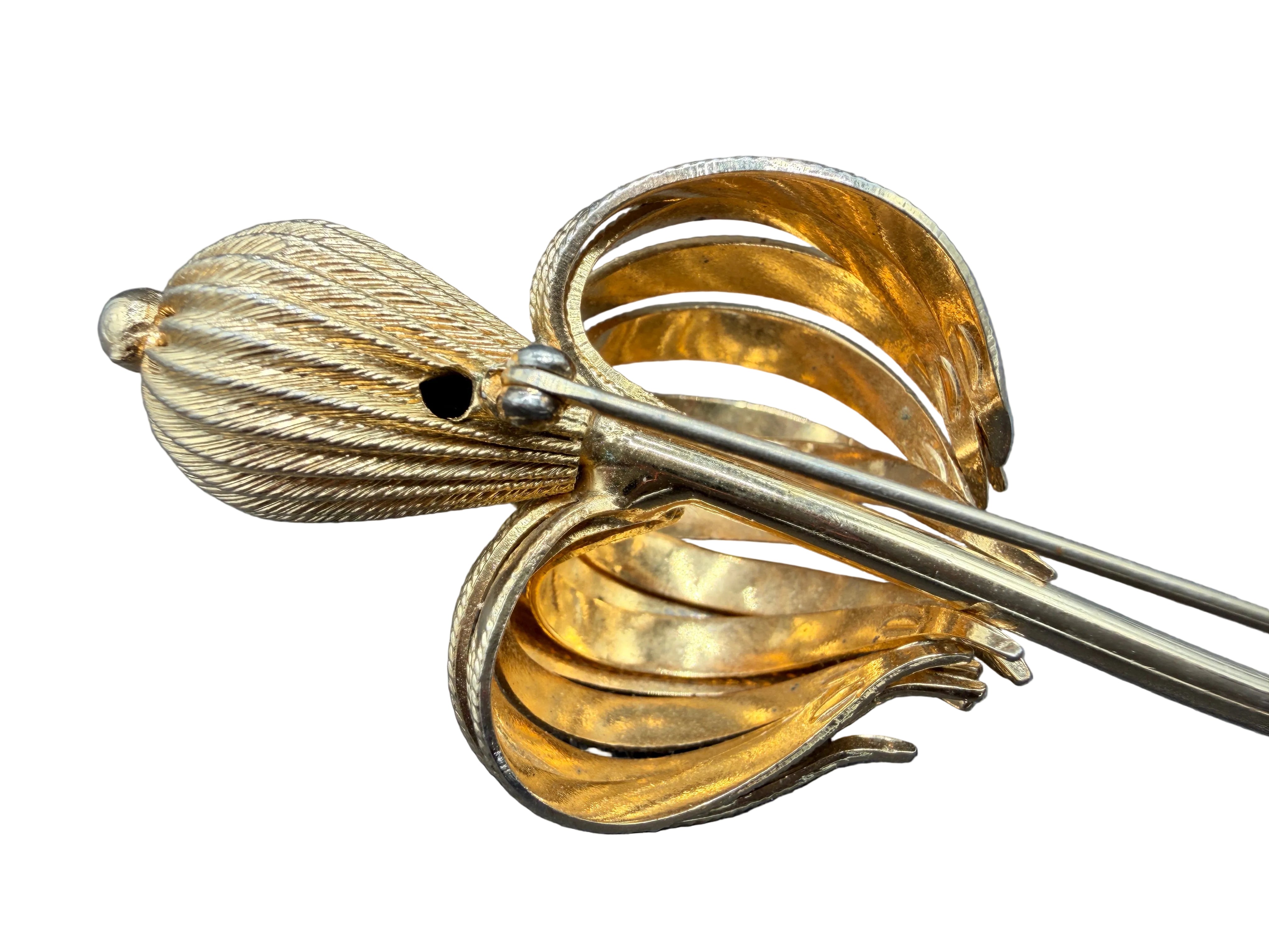 1960s Gold-Tone Textured 3D Floral Brooch with Long Stem