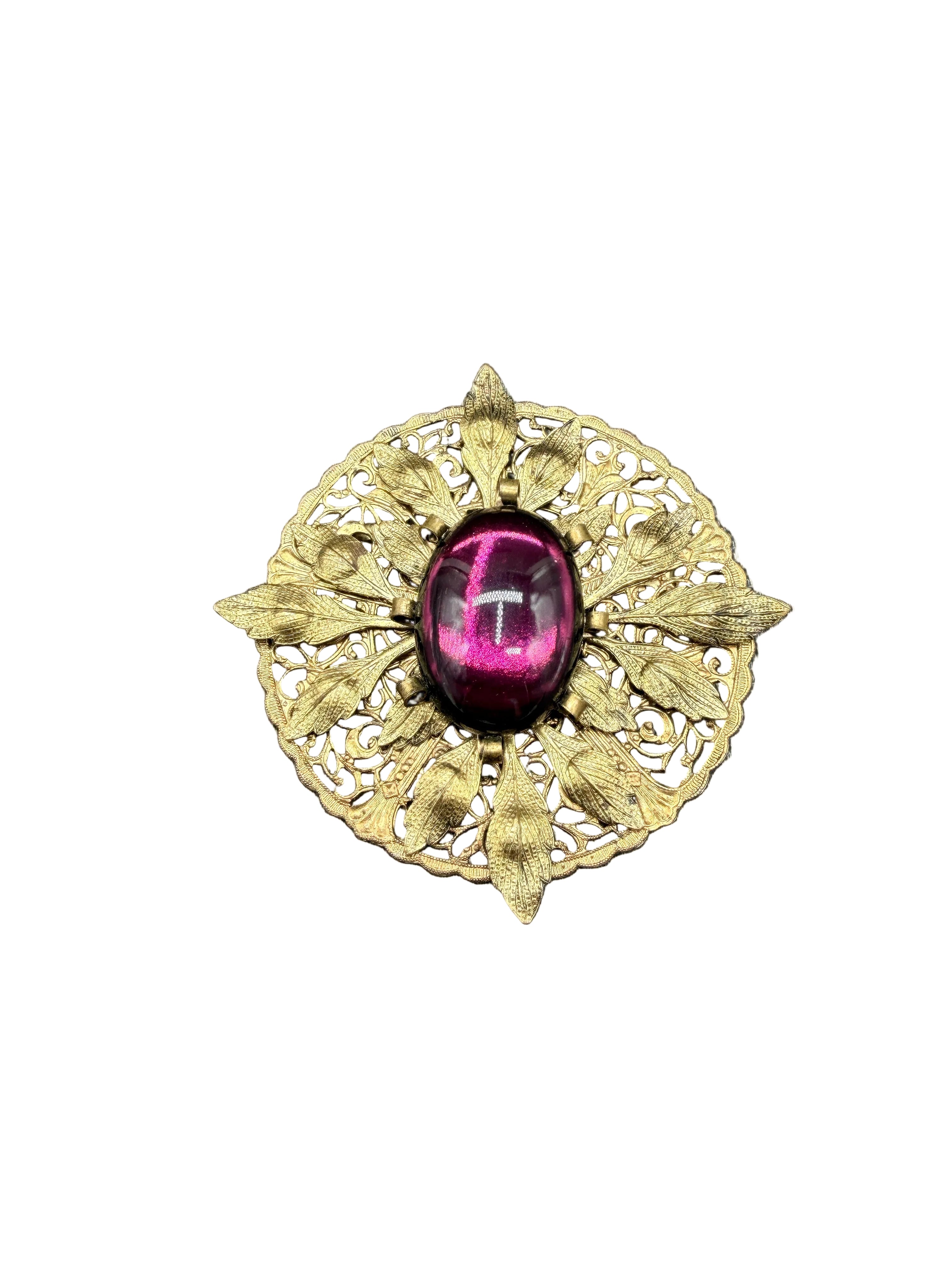 Art Nouveau Gold-Tone Sash Pin with Filigree Leaves & Purple Glass Cabochon