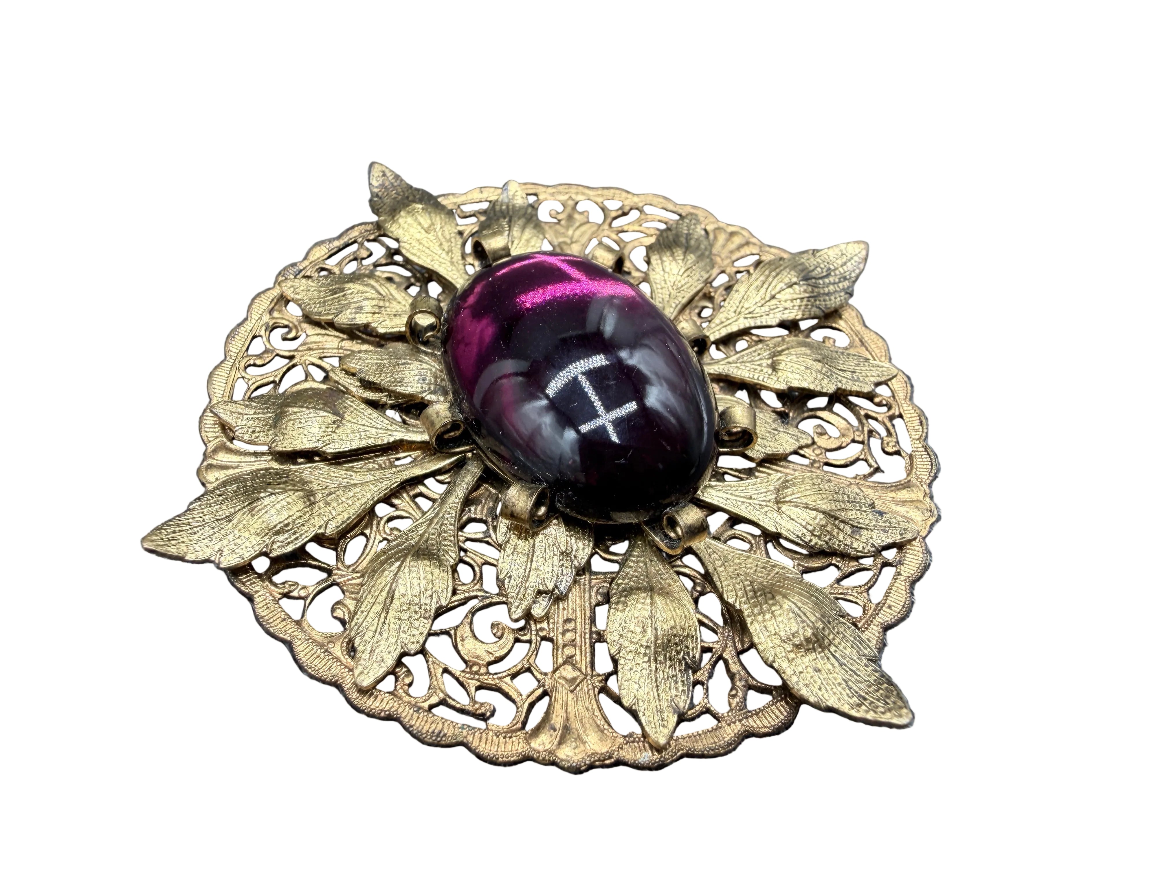 Art Nouveau Gold-Tone Sash Pin with Filigree Leaves & Purple Glass Cabochon