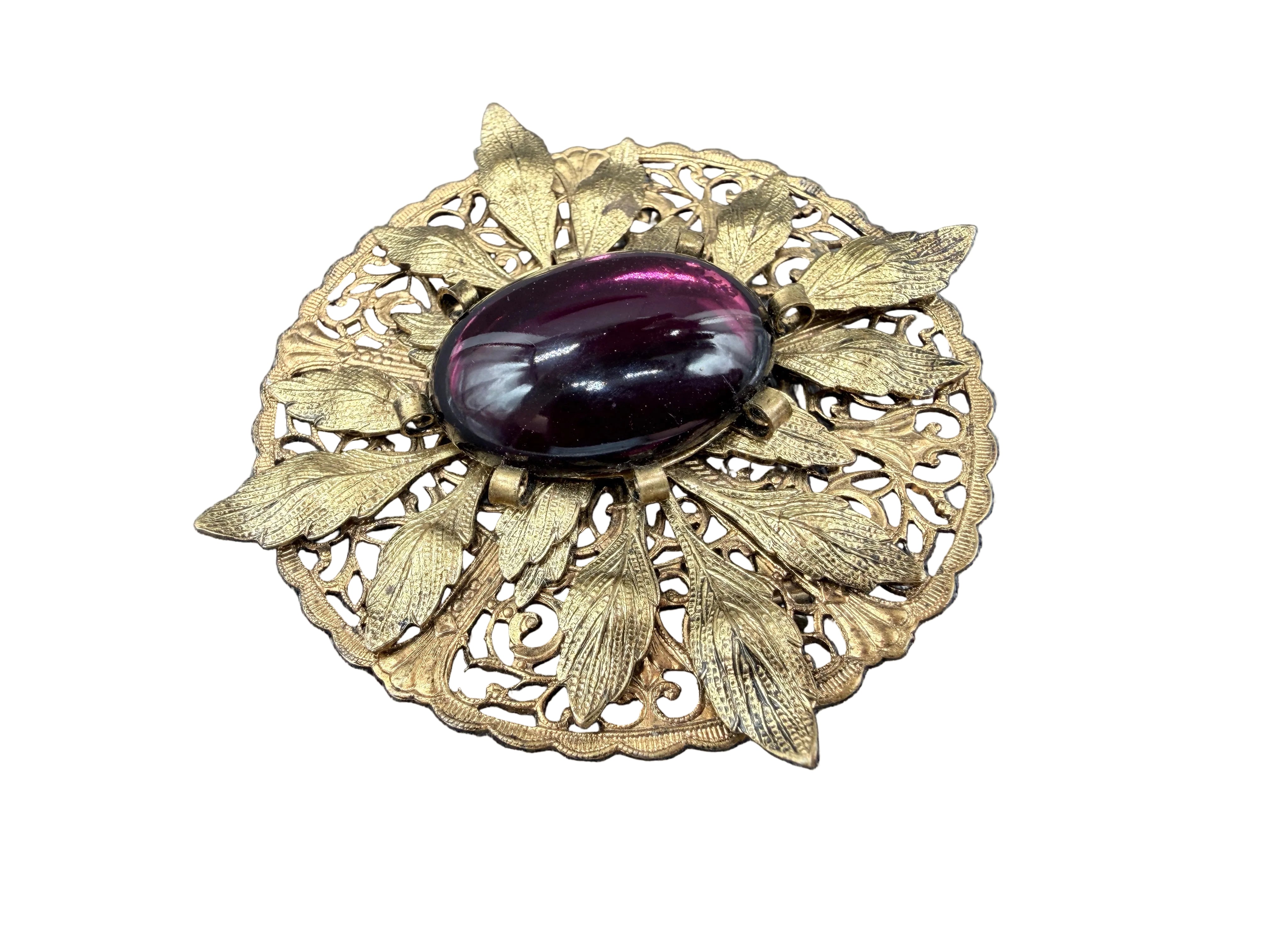 Art Nouveau Gold-Tone Sash Pin with Filigree Leaves & Purple Glass Cabochon